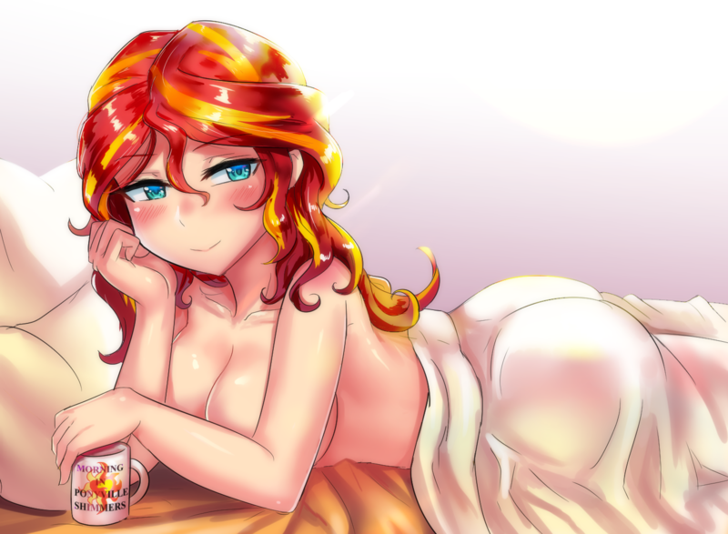 1girls aqua_eyes ass bed bedroom_eyes big_ass blanket blonde_hair blush breasts bubble_butt coffee_mug equestria_girls female friendship_is_magic humanized iojknmiojknm large_breasts looking_at_viewer lying_on_stomach my_little_pony red_hair seductive solo_female sunset_shimmer voluptuous