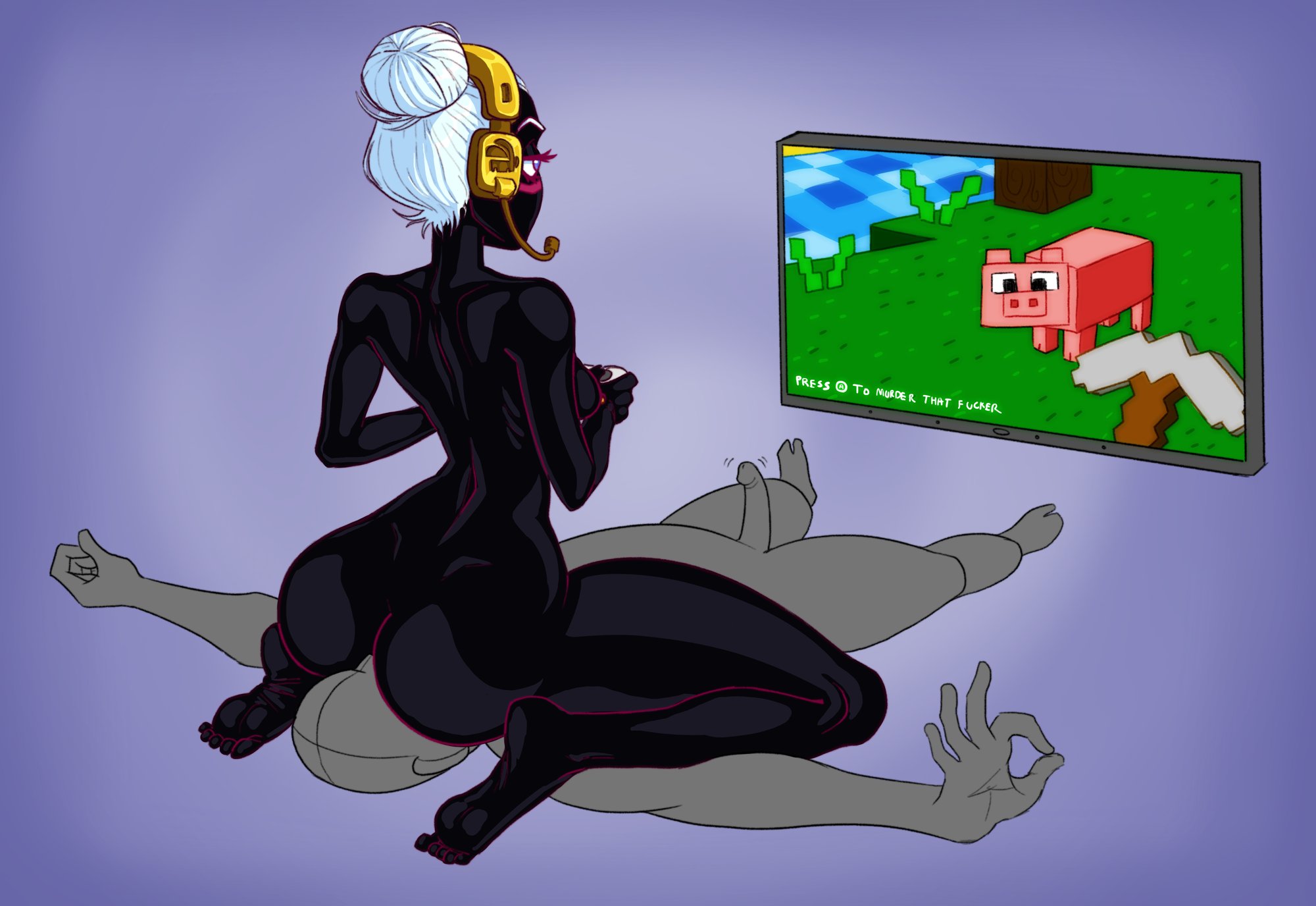1boy, 1girls, alien, alien girl, barefoot, black skin, duck dodgers, erection, facesitting, female, female on top, femdom, headset, male, minecraft, nude, ok sign, playing videogame, queen tyr'ahnee, ratopombo, simple background, thick thighs, tied hair, video games, white hair