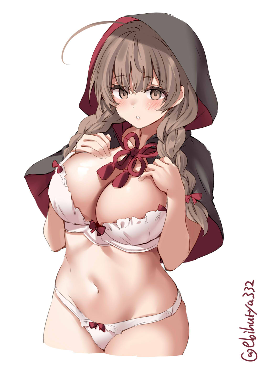 ahoge black_capelet black_dress blush bow bow_bra bow_panties bra braid breasts brown_eyes brown_hair capelet cowboy_shot dress ebifurya empty_eyes female hands_on_own_breasts highres hood hood_up hooded_capelet kantai_collection large_breasts long_hair navel open_mouth panties red_ribbon ribbon ribbon_panties shinshuu_maru_(kantai_collection) simple_background solo stomach twin_braids twitter_username underwear white_background white_bra white_panties