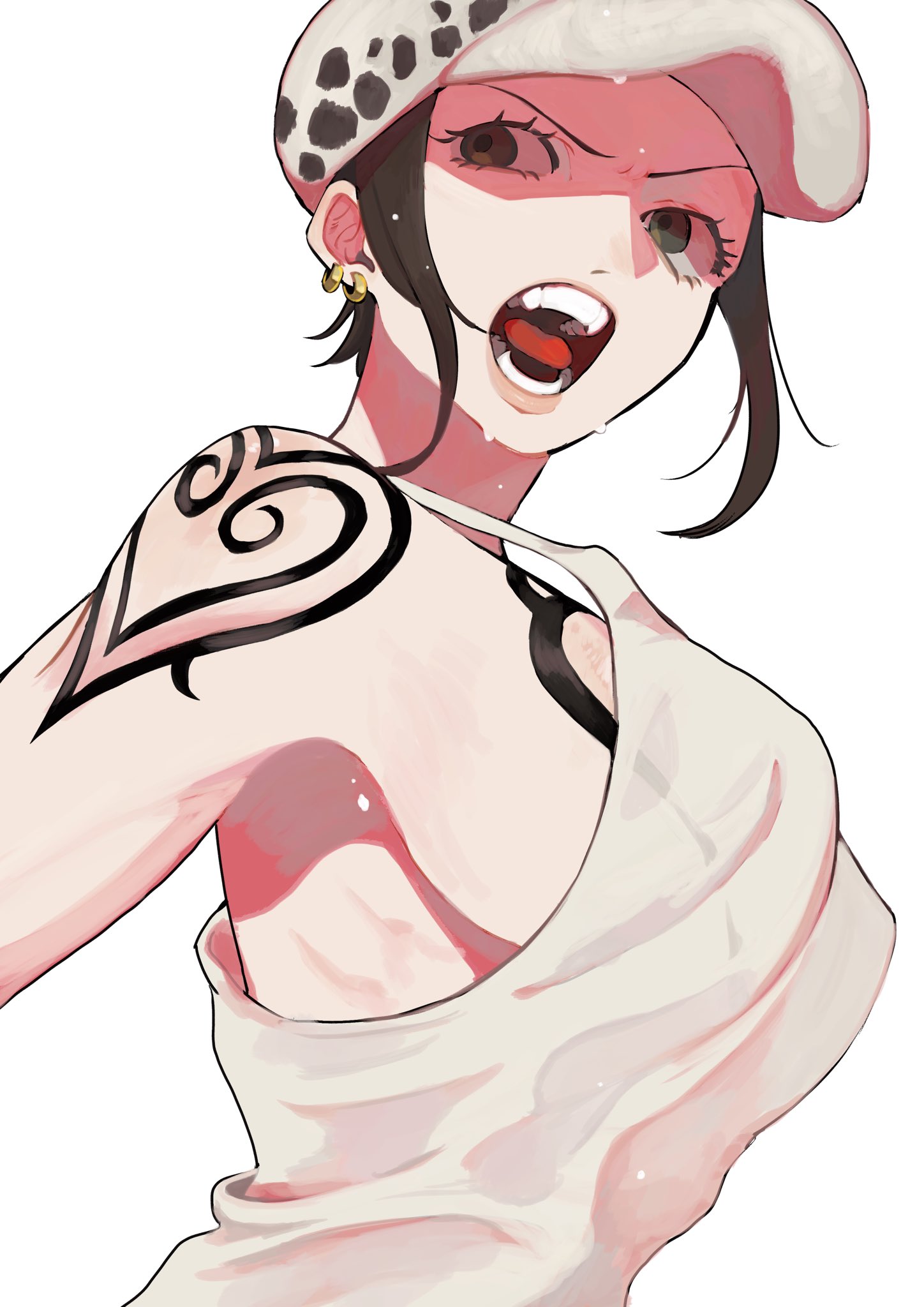 big breasts, black eyes, black hair, breasts, canon genderswap, chest tattoo, color, earrings, female, female only, genderswap, genderswap (mtf), grey eyes, hat, headwear, light skin, light-skinned female, looking at viewer, no bra, oh imo, one piece, open mouth, pale skin, pale-skinned female, plain background, rule 63, short hair, short hair with long locks, shoulder tattoo, side view, sideboob, sidelocks, solo, solo focus, tank top, tattoo, trafalgar law, trafalgar law (female), upper body, white background