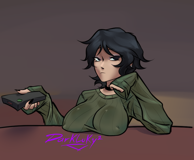 1girls black_eyes black_hair black_nails clothed darkluky2 earrings eyeshadow female holding_object hollie_hawkes nail_polish nipple_bulge remote_control scott_pilgrim sharp_fingernails short_hair sitting solo solo_female