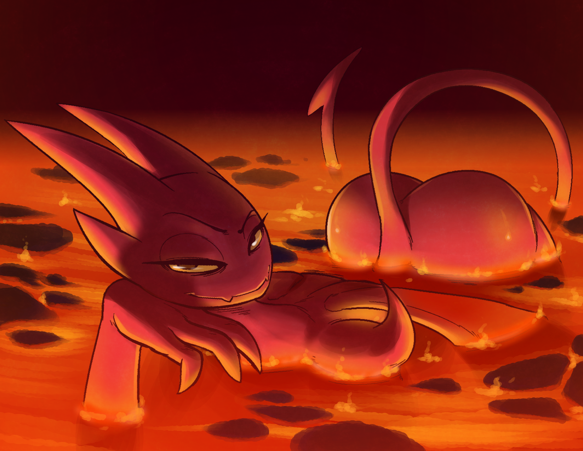 1girls, ass, big ass, car sized ass, claws, demon, demon girl, dragon, eyeliner, female, female only, fire, hell, highres, horns, humanoid, lava, looking at viewer, lucia (satina), nude, partially submerged, pinup, pixxxel, red body, red eyes, red skin, satina (series), wings on head