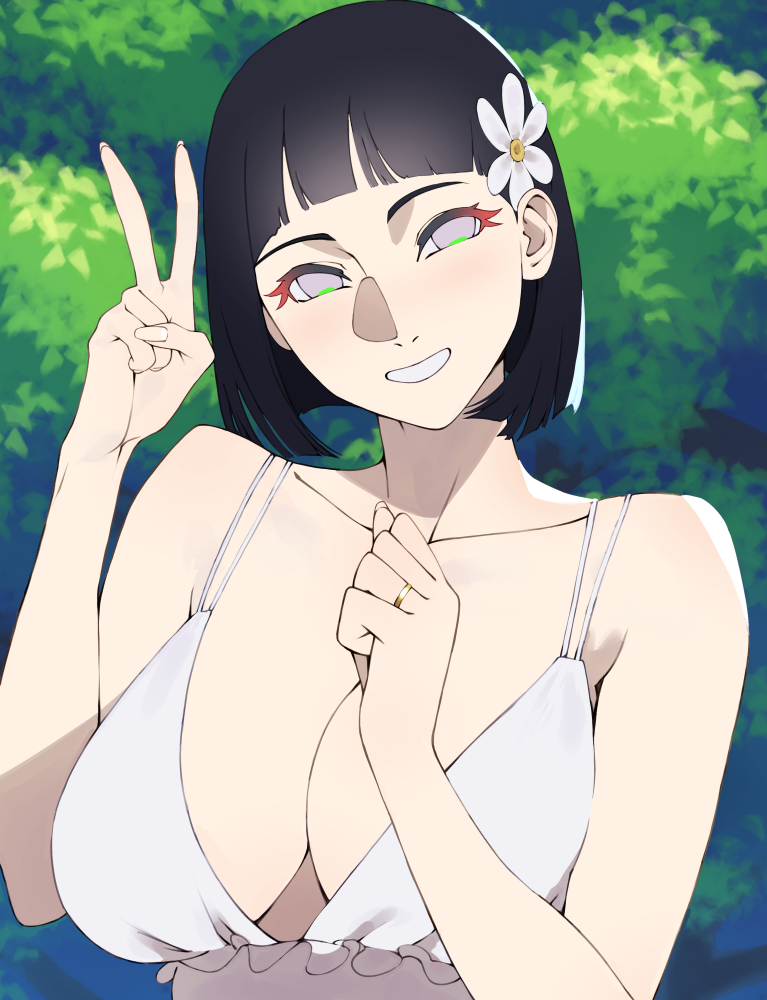 baporu, black hair, boruto: naruto next generations, clothed, clothed female, dress, female, flower in hair, hyuuga hinata, milf, mother, naruto, naruto (series), outside, peace sign, purple eyes, uzumaki hinata, v