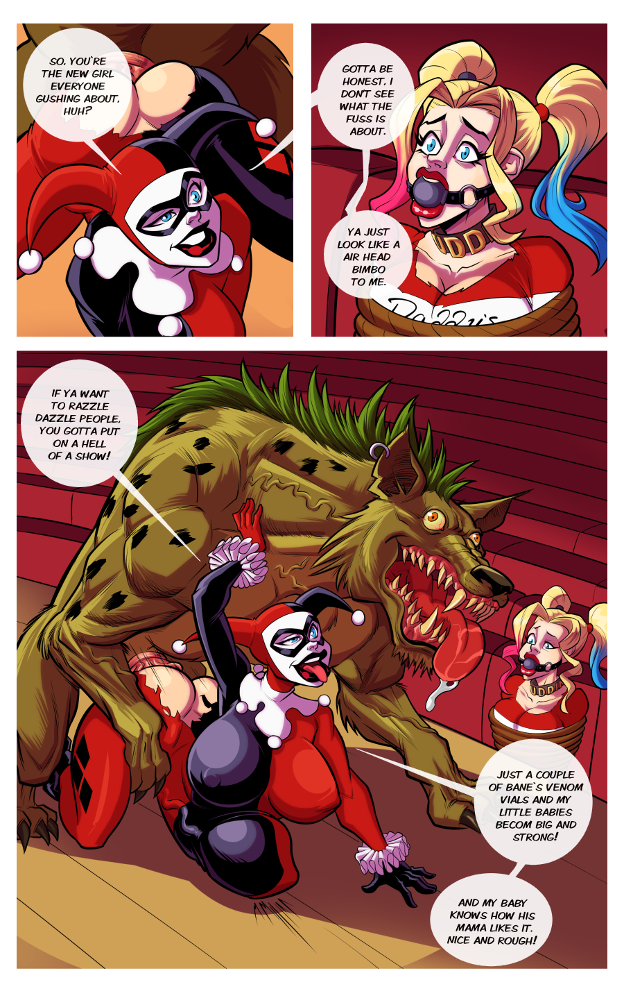 asking for it, ass, batman (series), being watched, big ass, big breasts, big penis, breasts, cock hungry, cock sleeve, comic, counterpart, dc, dc comics, dirty talk, english text, female, fontez, forced, forced to watch, harley quinn, harley quinn (classic), huge ass, huge breasts, huge cock, hyena, hyper penis, large ass, large breasts, lipstick, male, penis, pigtails, restrained, sex, stomach bulge, suicide squad, tagme, text, tied up, torn clothes, zoophilia