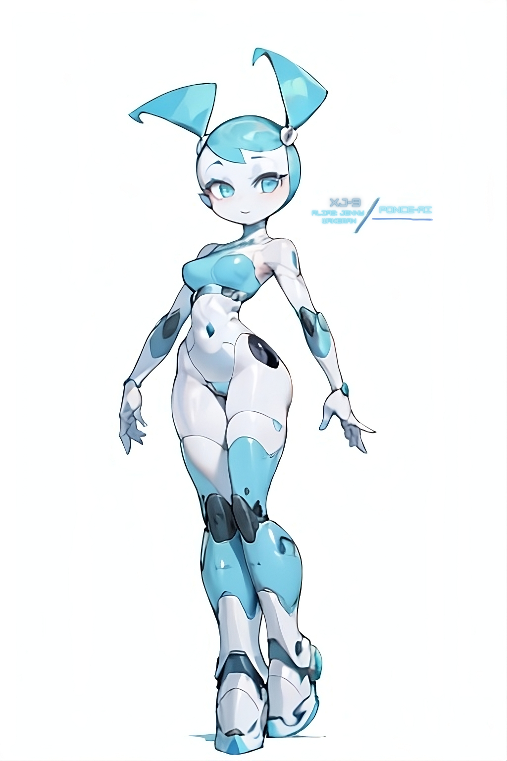 1girls ai_generated blue_body blue_eyes blue_hair female gray_hair highres jenny_wakeman my_life_as_a_teenage_robot nickelodeon ponceai robot robot_girl robot_humanoid robot_joints simple_background smiling smiling_at_viewer technology twitter_username white_background xj-9