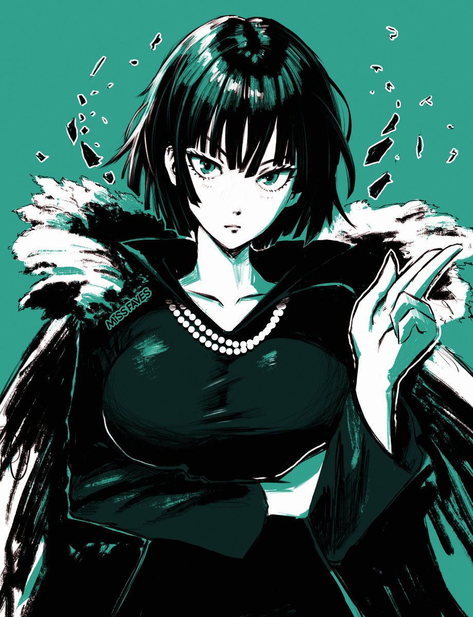 1girls, 2d, 2d (artwork), arm under breasts, artist name, breasts, clothed, clothed female, collared dress, commentary, debris, dress, english commentary, esper, expressionless, female, female only, fubuki (one-punch man), fully clothed, fur coat, green background, green eyes, green hair, highres, human, human only, jewelry, large breasts, long sleeves, looking at viewer, missfaves, necklace, one-punch man, sfw, short hair, solo, solo female, telekinesis, upper body
