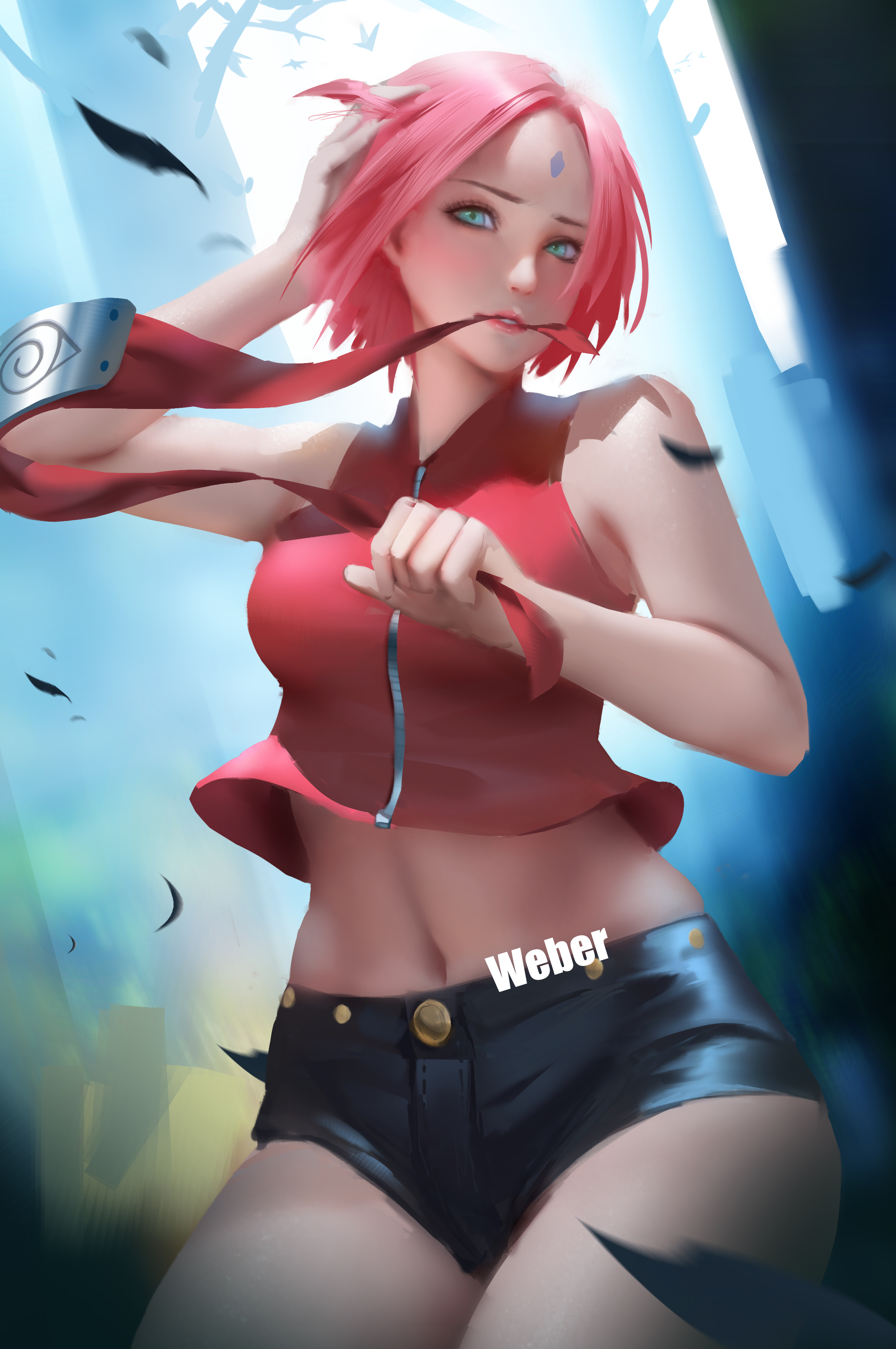 1girls, boruto: naruto next generations, breasts, clothes, clothing, facial mark, female, female only, forehead mark, forehead protector, forest, green eyes, hand on head, holding object, leaves, naruto, naruto (series), naruto shippuden, naruto: the last, navel, object in mouth, outdoors, pink hair, posing, sakura haruno, short hair, short shorts, shorts, sleeveless, solo, tree, weber (artist), wind