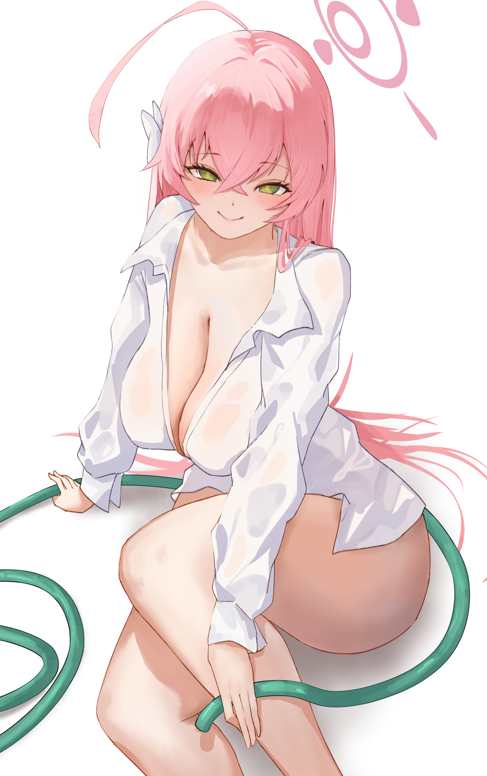 1girls, 2024, ahoge, big breasts, blue archive, blush, breasts, clisapex, female, hanako (blue archive), hanako (swimsuit) (blue archive), hi res, light skin, light-skinned female, long hair, looking at viewer, lying, make-up work club (blue archive), no bra, no panties, pink hair, shirt, shirt only, simple background, smile, solo, trinity general school student