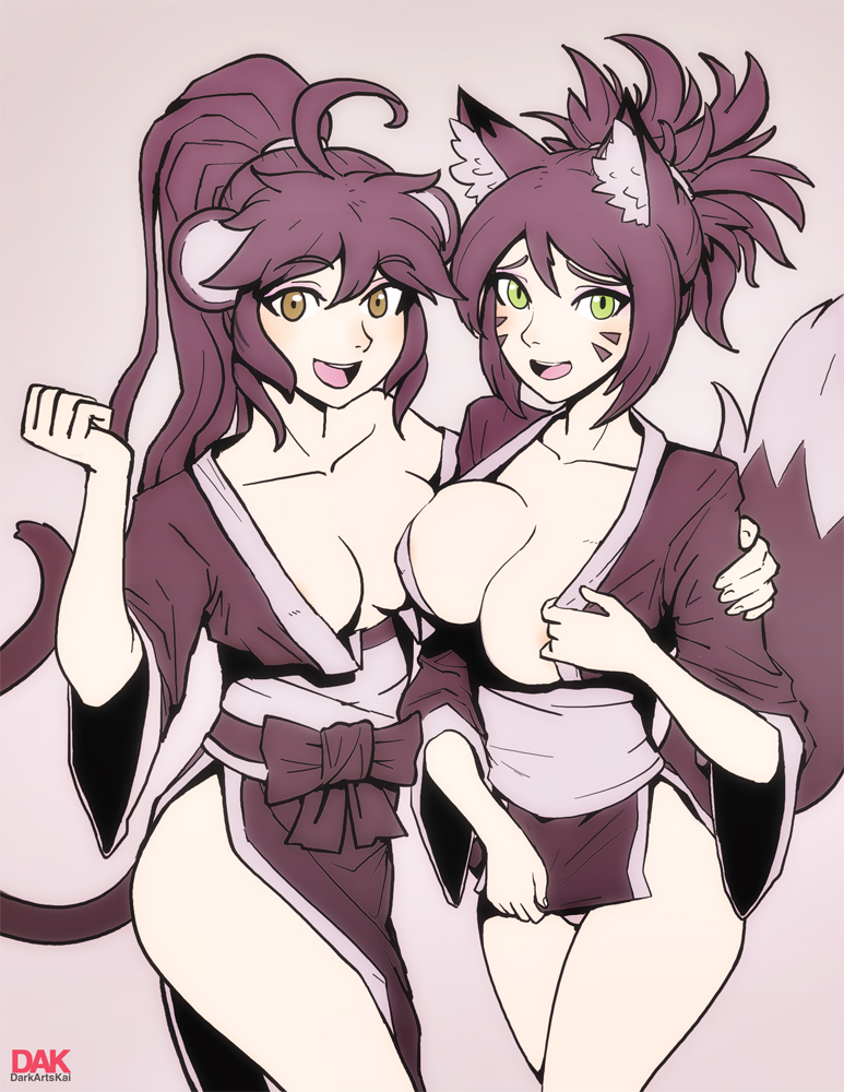 2girls bunny_and_fox_world darkartskai dress fox_ears green_eyes long_hair looking_at_viewer medium_breasts monkey_ears monochrome nipples short_hair smile tagme tied_hair