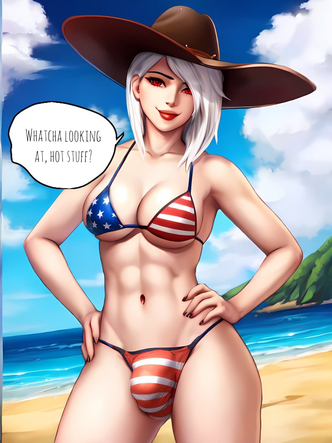 1futa ai_generated ashe_(overwatch) beach bikini bikini_bottom bikini_top breasts bulge bulge_through_clothing dialogue futanari ocean overwatch pov sand sky solo_futa speech_bubble xdk141