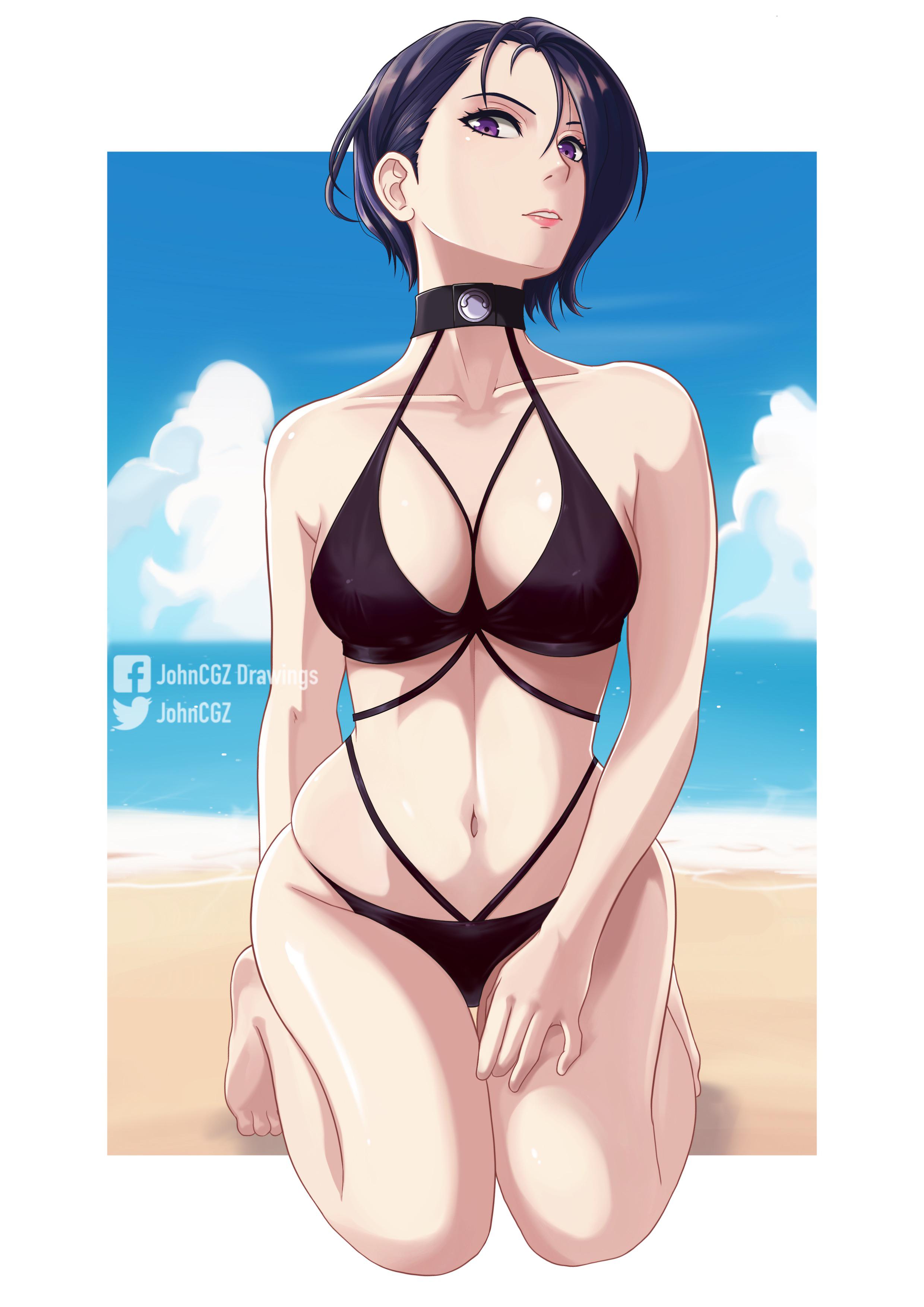1girls, artist name, bare arms, bare legs, bare shoulders, beach, big breasts, bikini, black bikini, black swimsuit, blue hair, breasts, cloud, collarbone, female, fire emblem, fire emblem: three houses, johncgz, kneeling, lips, looking at viewer, midriff, nintendo, nipples, on knees, purple eyes, purple hair, seaside, shamir nevrand, short hair, solo, solo female, swimsuit, thighs