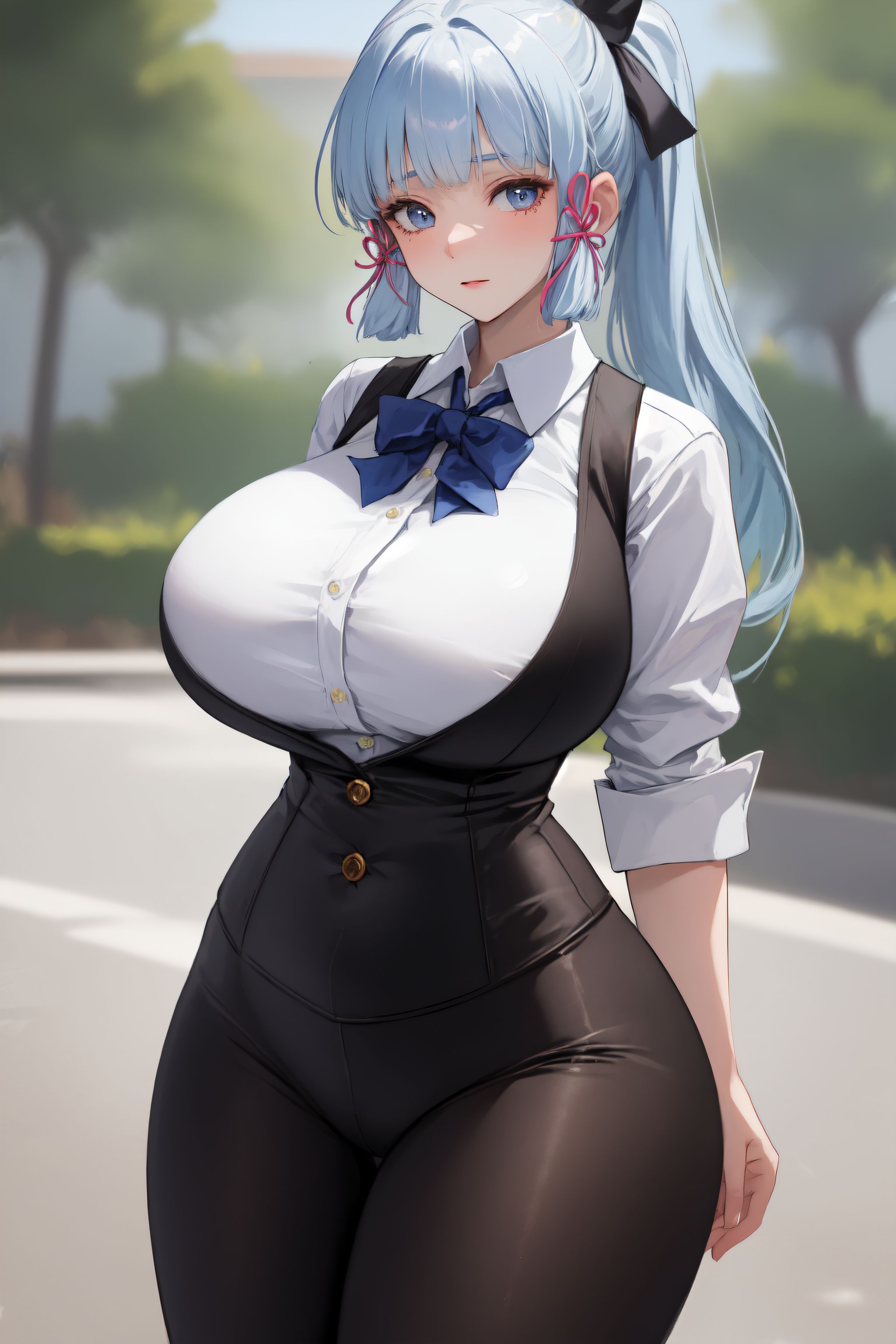 1girls, ai generated, alternate breast size, breasts, dress shirt, female, genshin impact, gigantic breasts, huge breasts, kamisato ayaka, leggings, mature female, mihoyo, solo, stable diffusion, vest, video games, xenomon