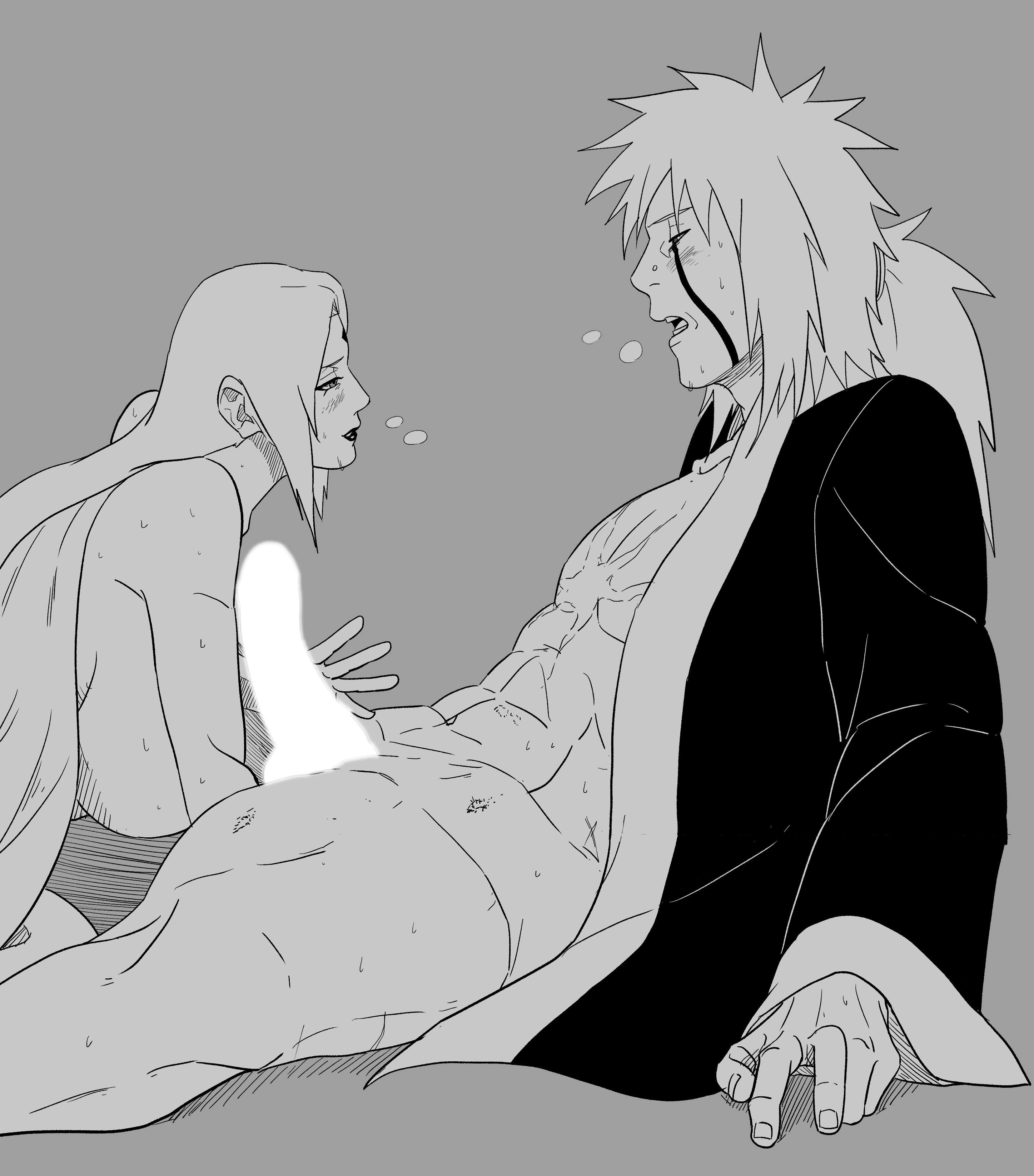 1boy, 1girls, almost naked, big breasts, blush, breasts, censored, censored penis, chest scar, closed eyes, drunk, drunk sex, erect penis, erection, female, functionally nude, gonggae 1111, handjob, haori, highres, holding penis, jiraiya, kimono, large breasts, lipstick, long hair, makeup, male, male/female, moaning, monochrome, mostly nude, naruto, naruto (series), naruto shippuden, partially clothed, penis, penis grab, ponytail, sagging breasts, scar, sex, sideboob, straight, tekoki, tsunade, twintails, very long hair, yukata