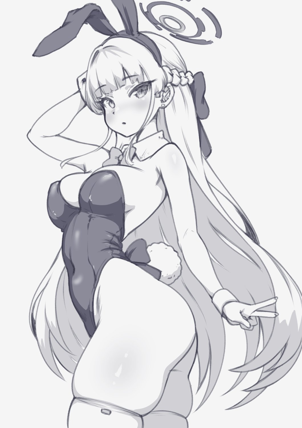 1girls, alternate costume, animal ears, arm up, bangs, bare shoulders, blue archive, blush, bow, bowtie, braid, breasts, cleaning & clearing (blue archive), cleavage, covered navel, cowboy shot, detached collar, earrings, fake animal ears, fake tail, female, french braid, greyscale, hairband, hairbow, halo, highleg, highleg leotard, leotard, long hair, looking at viewer, medium breasts, millennium science school student, monochrome, parted lips, playboy bunny, rabbit ears, rabbit tail, simple background, skindentation, solo, strapless, strapless leotard, tail, thighhighs, thighs, toki (blue archive), toki (bunny) (blue archive), v, very long hair, white background, whomperfruit, wrist cuffs