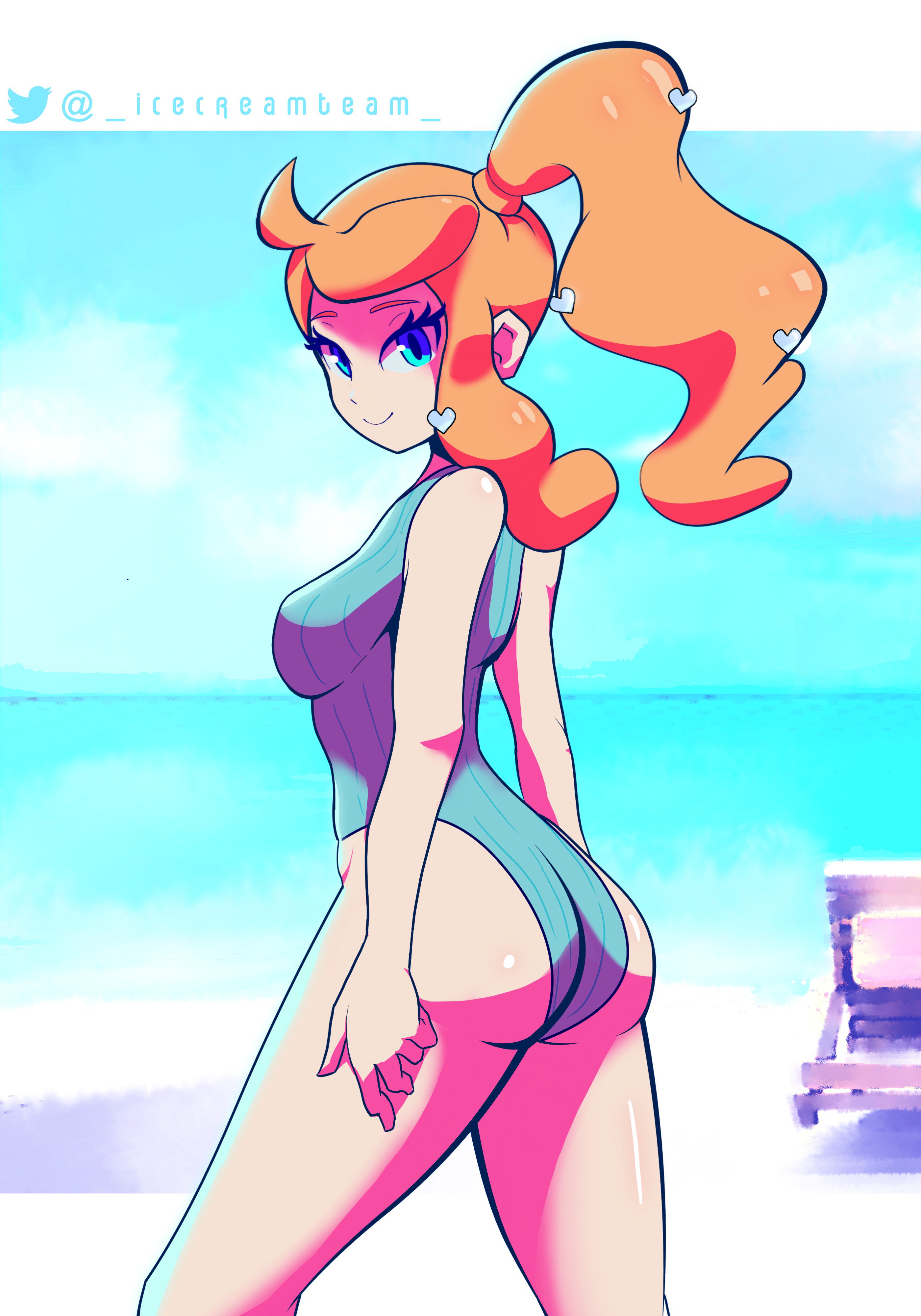 1girls, aqua eyes, ass, big ass, breasts, female, icecreamteam, light skin, light-skinned female, nintendo, one-piece swimsuit, orange hair, pale skin, pale-skinned female, pokemon, pokemon ss, ponytail, side ponytail, sideboob, sonia (pokemon), swimsuit, thick ass, thick thighs, thighs