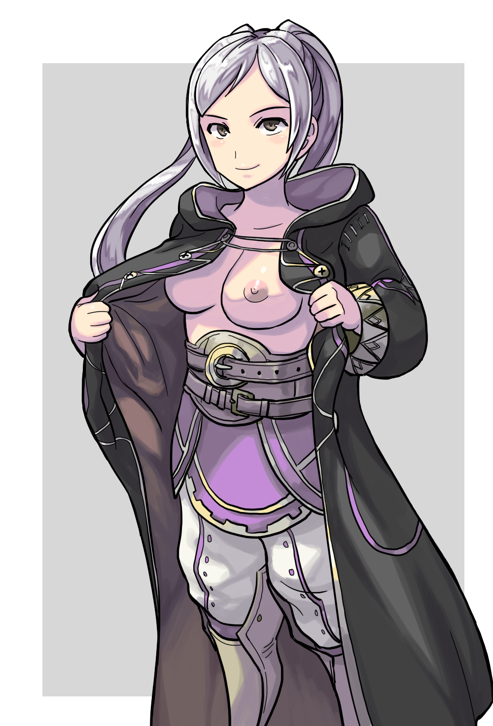 big_breasts breasts breasts_out brown_eyes bule coat female female_protagonist fire_emblem fire_emblem_awakening flashing large_breasts long_hair nintendo nipples no_bra open_clothes open_shirt robin_(fire_emblem) robin_(fire_emblem)_(female) smile solo twintails white_hair