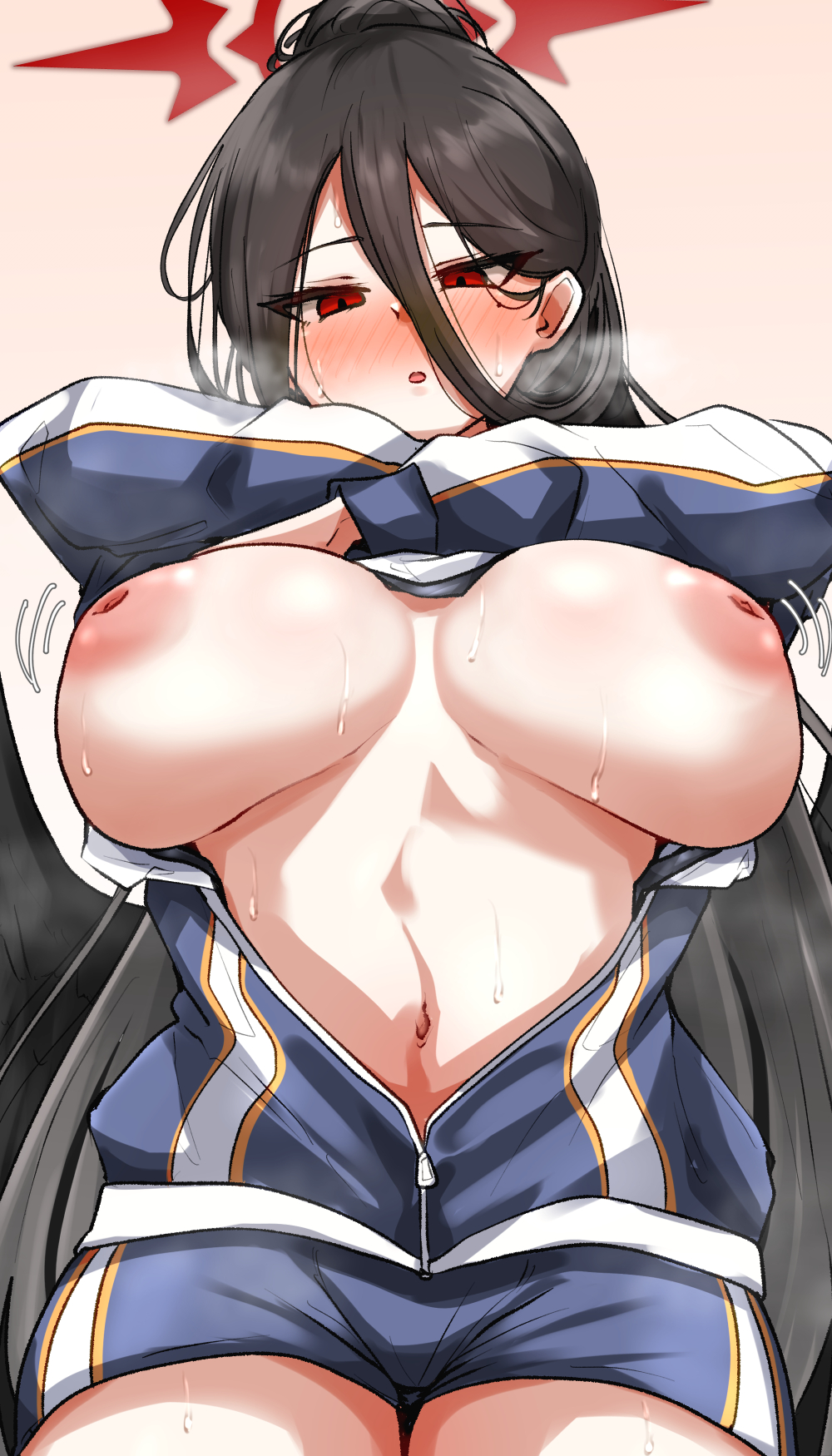 1girls black_hair blue_archive blue_jacket blue_shorts blush breast_jiggle breasts_out cowboy_shot gym_uniform hair_between_eyes halo hasumi_(blue_archive) hasumi_(track)_(blue_archive) highres inverted_nipples jacket justice_task_force_(blue_archive) large_breasts light-skinned_female light_skin long_hair long_sleeves machismo_fuji mole mole_under_eye navel nipples nose_blush open_mouth ponytail red_eyes shorts simple_background solo track_jacket trinity_general_school_student undressing