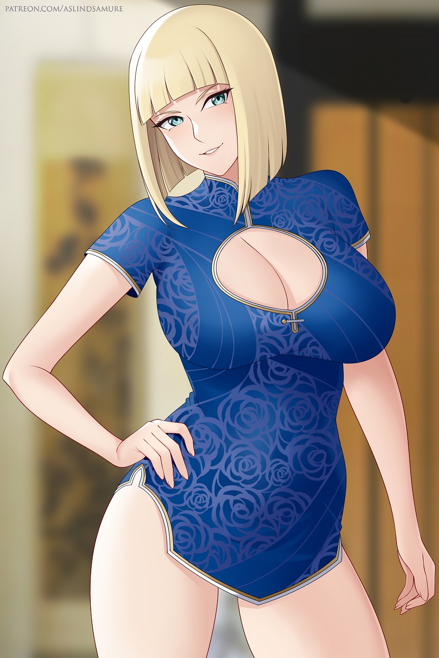 1girls, aslindsamure, big breasts, blue eyes, bob cut, bottomless, breasts, chinese clothes, cleavage, cleavage cutout, cutout, dress, female, female only, hand on waist, long hair, naruto, naruto (series), naruto shippuden, parted lips, partially clothed, posing, samui, shirt, smile, solo, teeth, wide hips
