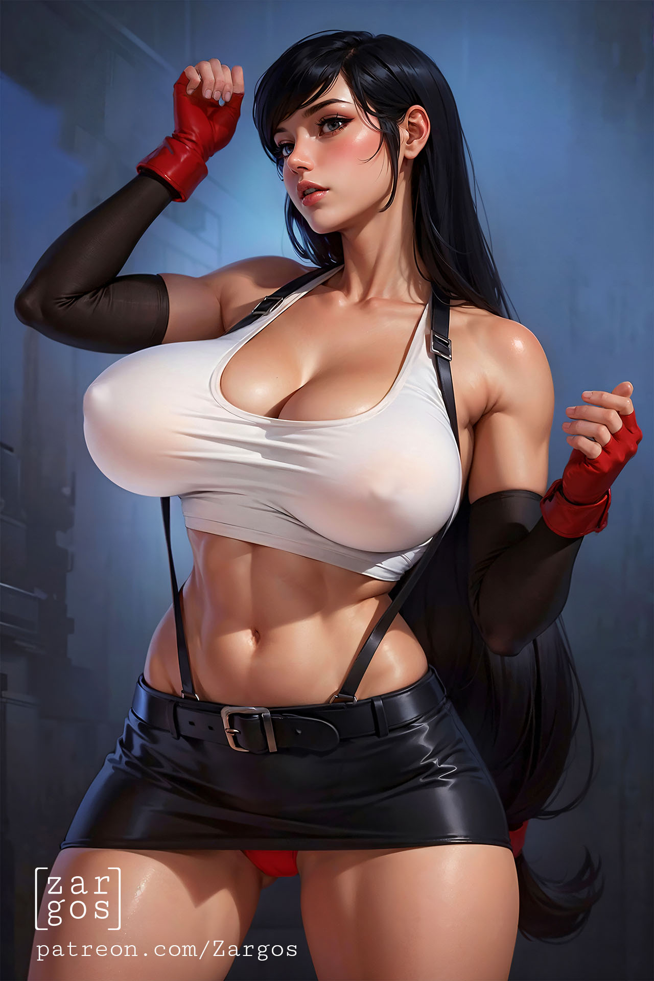 ai generated, big breasts, breasts, female, final fantasy, final fantasy vii, huge breasts, large breasts, thick thighs, tifa lockhart, wide hips, zargos