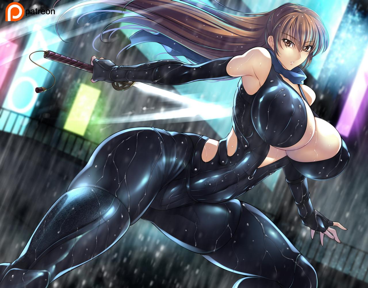 bodysuit, breasts, brown eyes, brown hair, city, cleavage, dead or alive, dead or alive 6, elbow gloves, female, gloves, haganef, huge breasts, kasumi (doa), katana, kunoichi, night, ninja, ponytail, rain, scarf, skin tight, sword, tecmo, thick thighs, very long hair, wet, wet clothes, wide hips