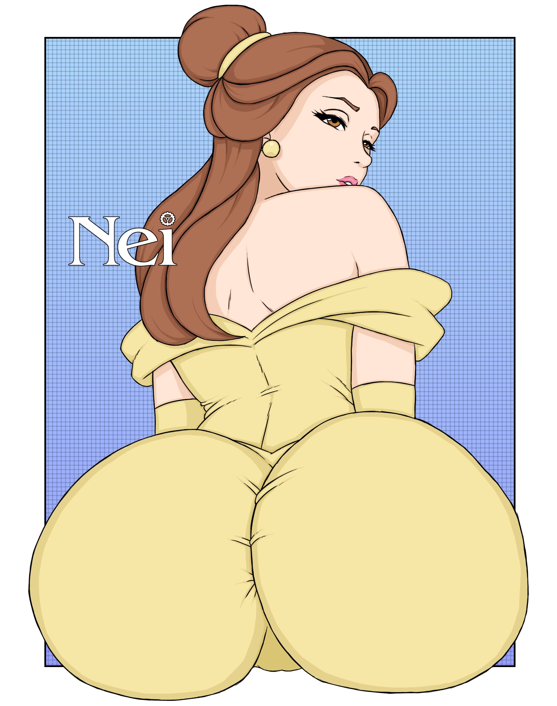 1girls, alternate ass size, ass, bare shoulders, beauty and the beast (1991 film), belle (beauty and the beast), big ass, bottom heavy, brown eyes, brown hair, bubble ass, bubble butt, clothed, clothed female, disney, disney princess, dress, earrings, female, female only, huge ass, large ass, light skin, light-skinned female, long hair, looking back, nei (artist), pale skin, pale-skinned female, shoulderless dress, solo, solo female, tight clothing, tight dress