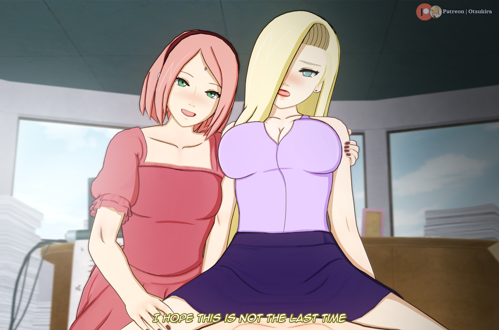 1boy, 2girls, 3d, alternate costume, assisted sex, blonde hair, blue eyes, breast size difference, breasts, breasts out, cheating, clothed female nude male, clothed sex, commentary, cowgirl position, dress, english text, faceless male, female, ffm, ffm threesome, friends, green eyes, hair ornament, hokage office, indoors, ino yamanaka, koikatu, light skin, light-skinned female, light-skinned male, lipstick, makeup, male, male/female/female, medium breasts, motion lines, multiple females, multiple girls, naruto, naruto (series), naruto: the last, no bra, no panties, office, official alternate costume, open clothes, otsukira, partial male, penis, pink hair, riding, riding penis, sakura haruno, sex, sitting, skirt, standing, talking, talking to another, text, threesome, uzumaki naruto, very long hair