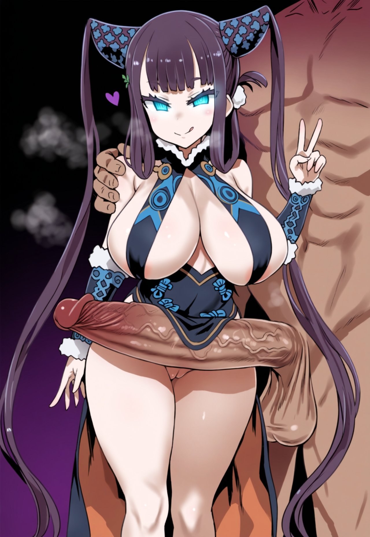 ai generated, balls, big breasts, big dick, big penis, breasts, cuckold pov, fate (series), fate/grand order, female, hourglass figure, huge balls, huge breasts, huge cock, large balls, large breasts, large penis, licking lips, long penis, looking at viewer, male, massive penis, muscular, muscular male, netorare, ntr, peace sign, penis, pussy, pussy peek, sagging balls, skirt lift, skirt up, testicles, thick thighs, thighs, v, vagina, veiny penis, yamatoai, yang guifei (fate/grand order)