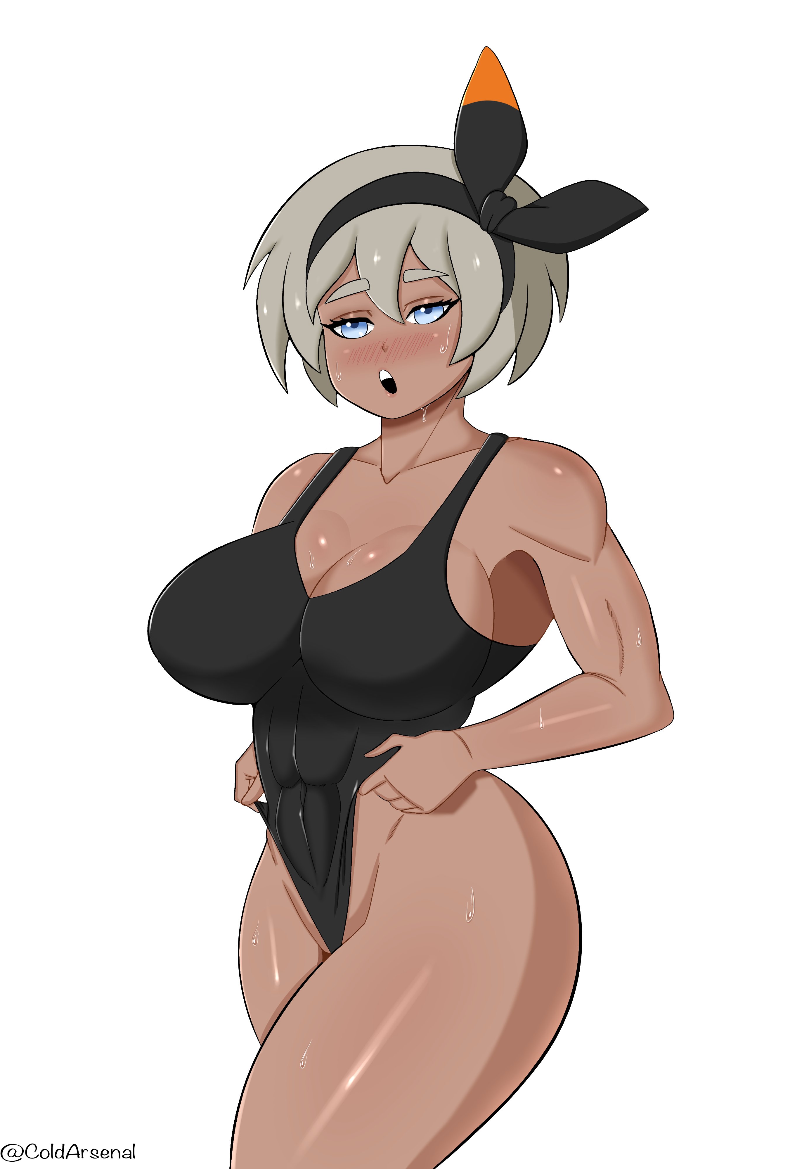 bea (pokemon), big breasts, breasts, clothed female, coldarsenal, dark skin, dark-skinned female, female, female focus, female only, grey hair, muscular, muscular female, nintendo, nipples, nipples visible through clothing, no nostrils, no source, pokemon, pokemon ss, small nose, solo, solo female, solo focus, very small nose