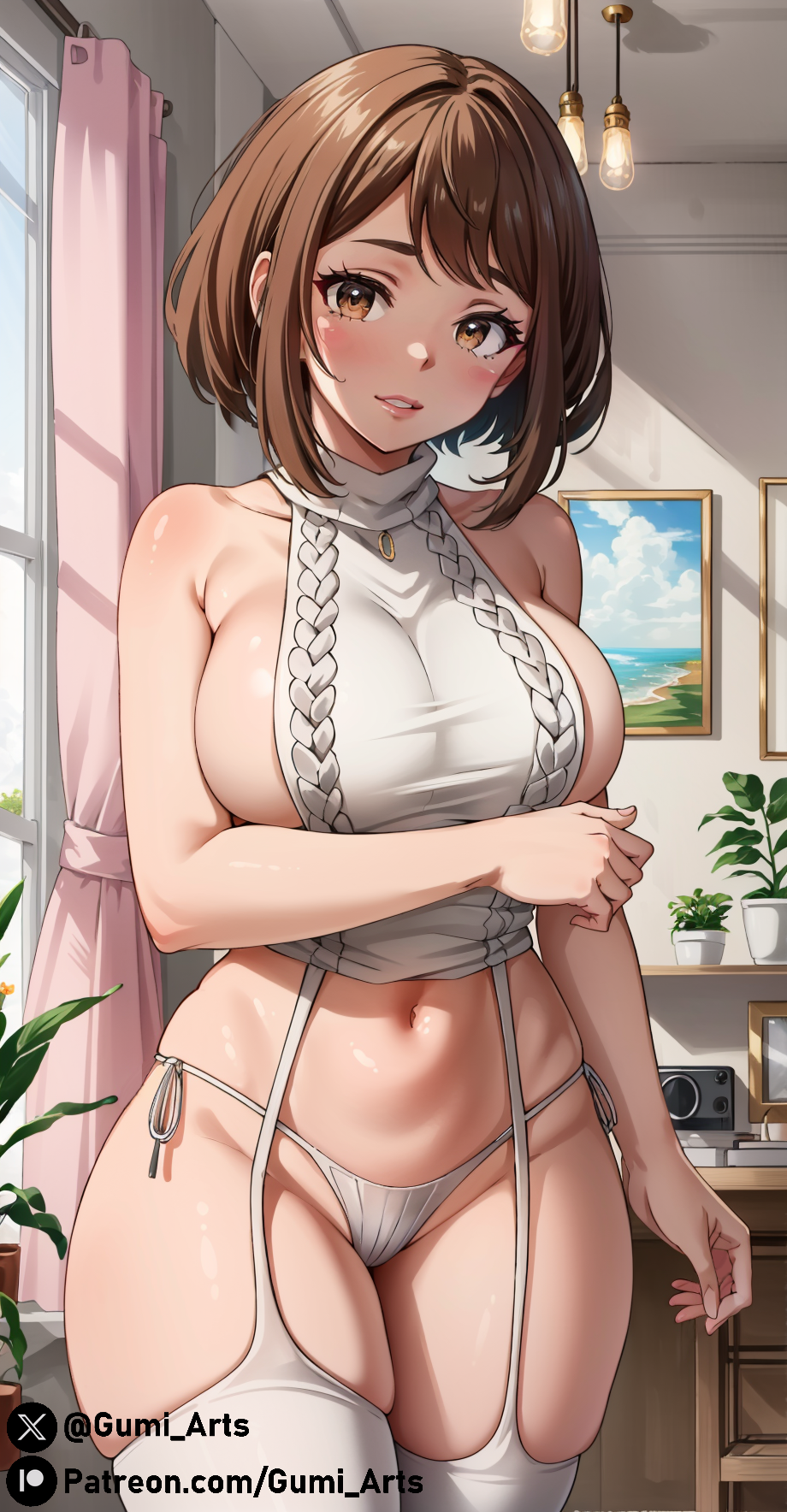 ai_generated blush boku_no_hero_academia brown_eyes brown_hair gumi_arts indoors large_breasts my_hero_academia navel ochako_uraraka panties short_hair smile stable_diffusion stockings thick_thighs thighhighs virgin_killer_sweater window