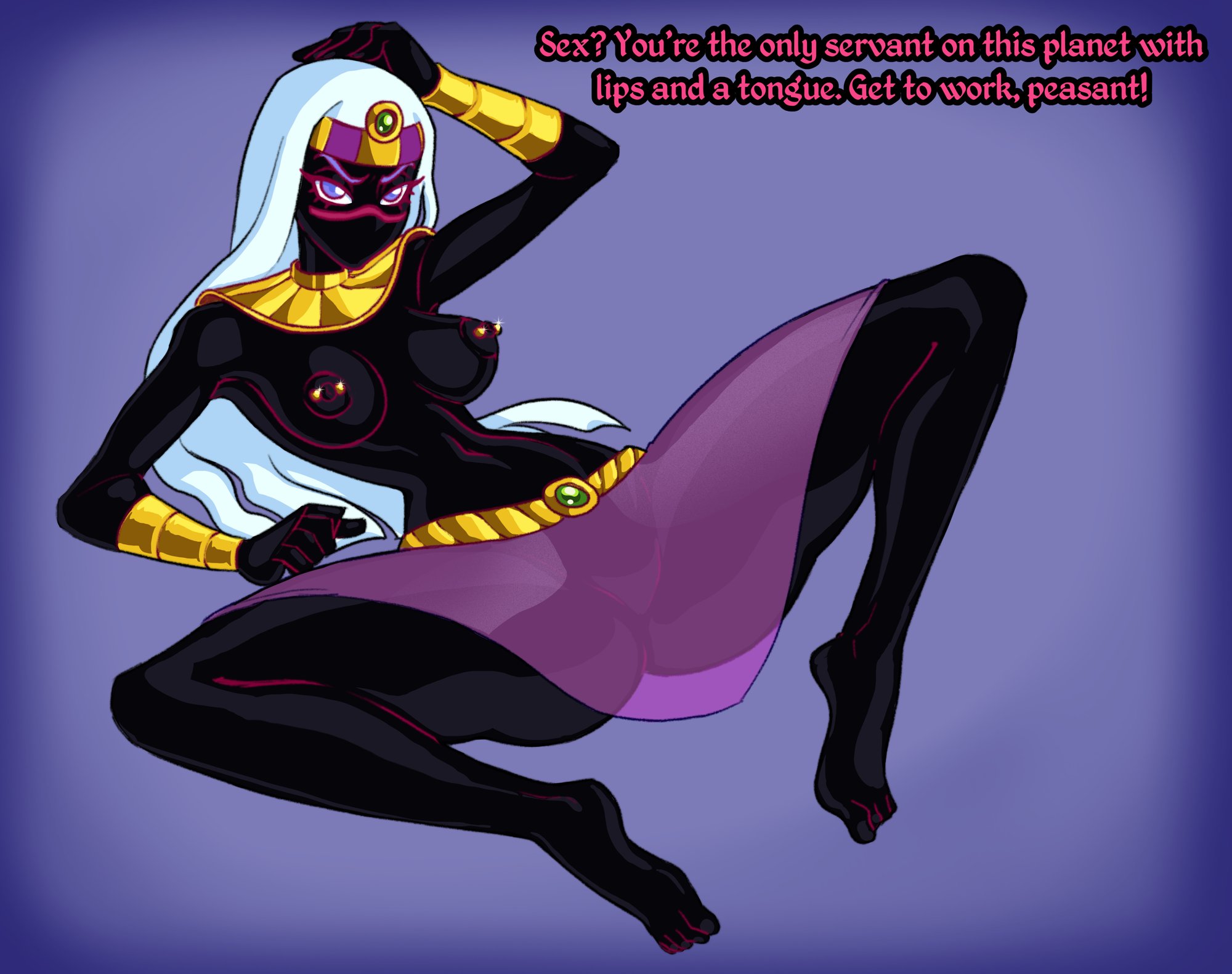 1girls, barefoot, black skin, breasts, breasts out, dominant female, duck dodgers, female, functionally nude, long hair, midriff, nipple piercing, nipples, piercing, queen tyr'ahnee, ratopombo, see-through clothing, simple background, solo, solo female, spread legs, thick thighs, white hair