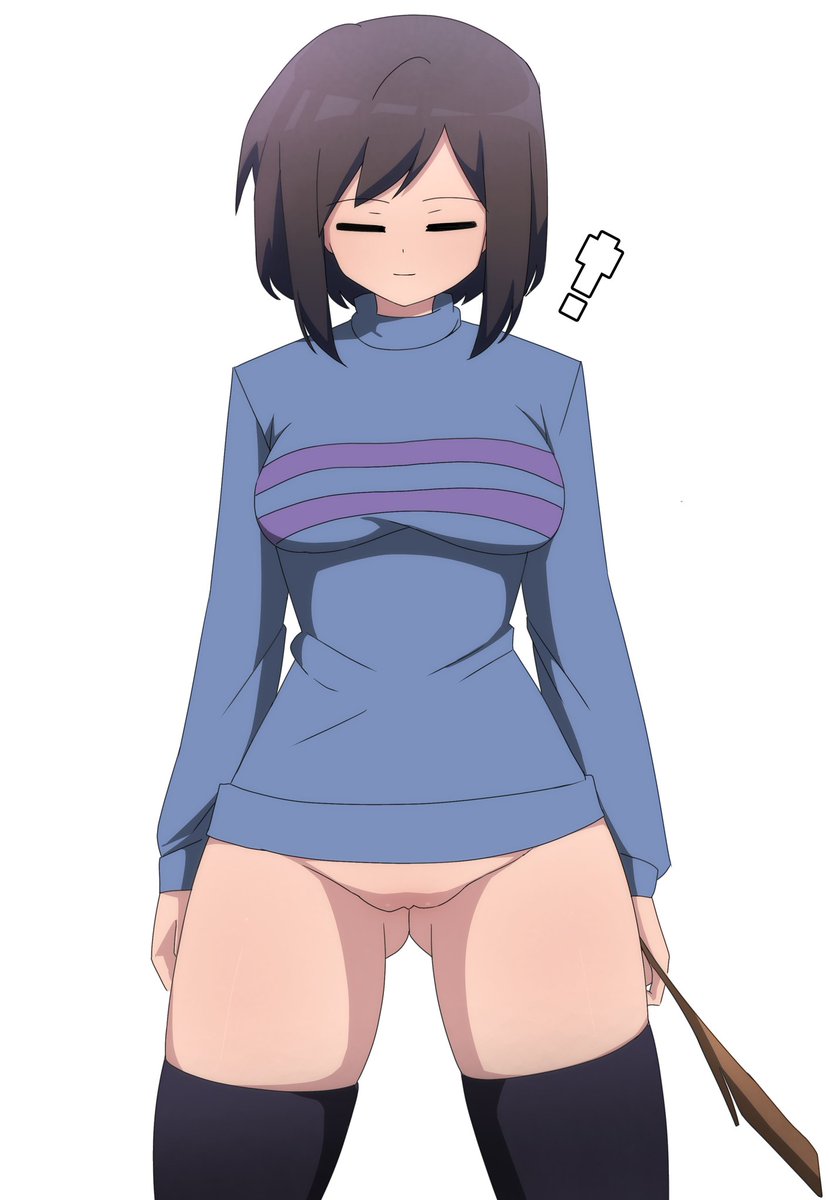 1girls 2d bottomless butt_fang casual casual_exposure exhibitionism exhibitionist exposed exposed_pussy expressionless female female_focus female_frisk female_only frisk presenting solo standing surprised thighhighs undertale undertale_(series) zukafu_shimoto