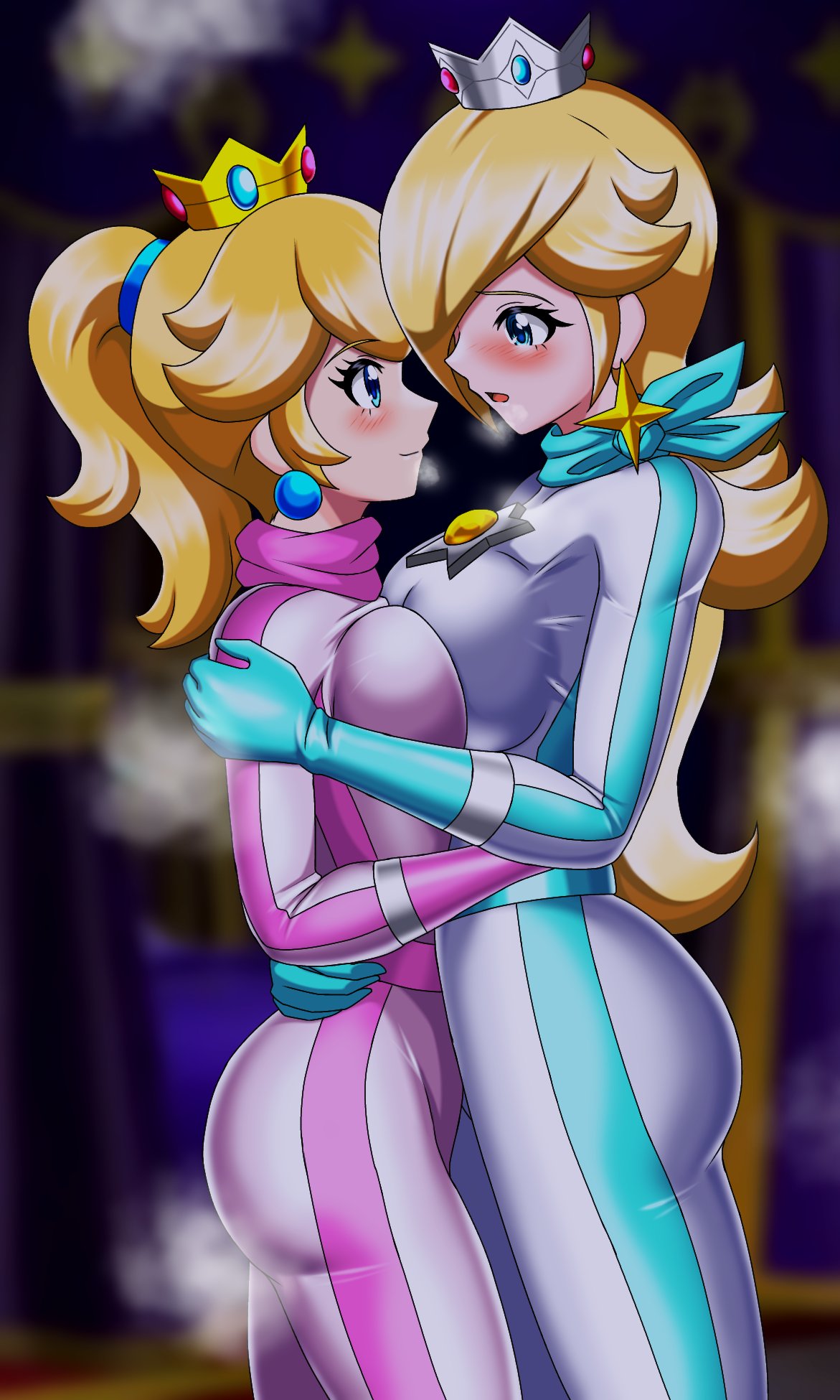 2_bodysuits 2girls bodysuit breasts clothing female female_focus female_only irohazakayouth looking_at_each_other mario_(series) mario_kart multiple_girls nintendo princess_peach princess_rosalina standing tagme yuri