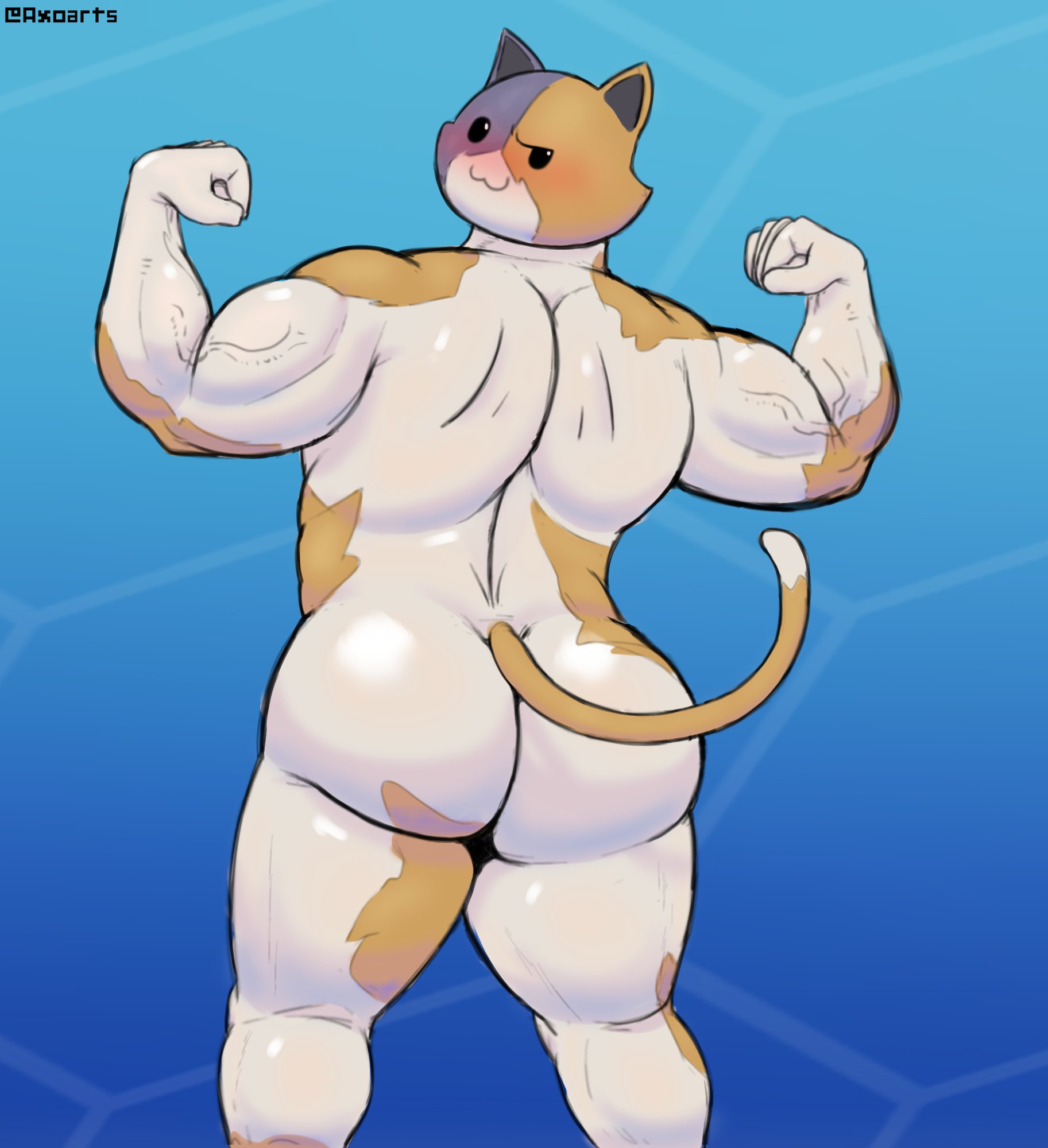 1boy, ass, axoarts, big ass, big butt, blush, blushing at viewer, fat ass, fat butt, feline, flexing, fortnite, furry, furry only, huge ass, huge butt, looking at viewer, looking back, looking back at viewer, male, male only, meowscles (fortnite), muscles, muscular, muscular male, naked, solo, tail, thick ass, thick butt