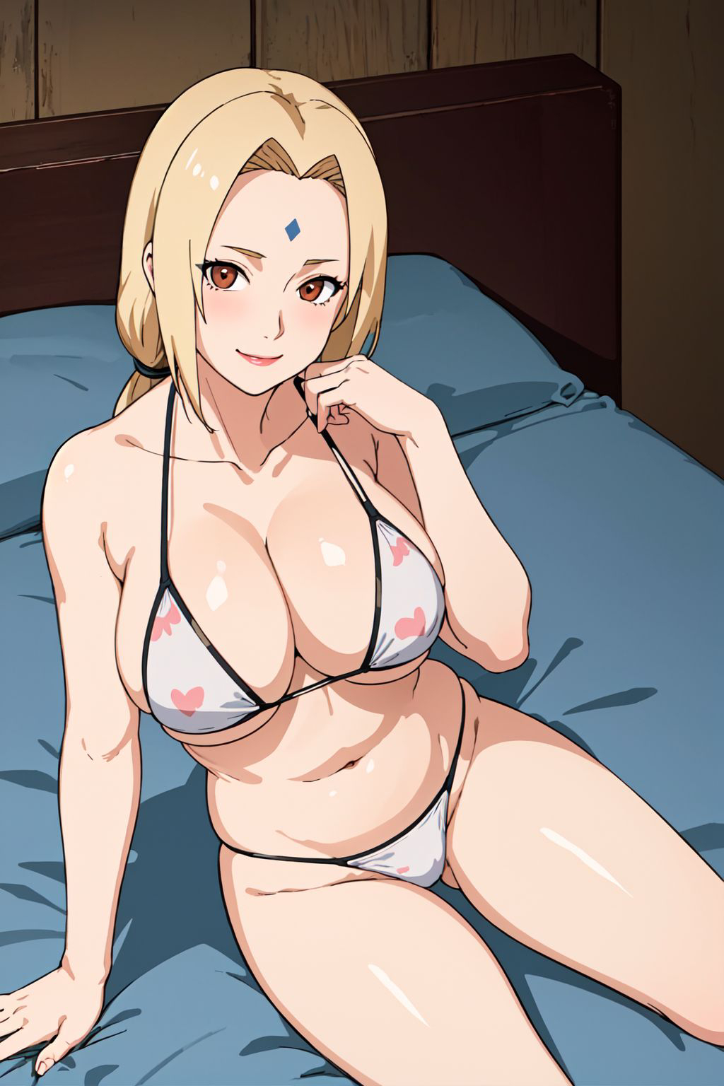1girls, ai generated, arm support, bare legs, bare midriff, bare shoulders, bare thighs, bed, big breasts, bikini, bikini bottom, bikini top, blonde hair, breasts, breasts bigger than head, brown eyes, facial mark, female, female only, floral print, forehead mark, large breasts, lipstick, low twintails, makeup, mature, mature female, midriff, milf, nai diffusion, naruto, naruto (series), naruto shippuden, on bed, oppai, sagging breasts, sitting, sitting on bed, slightly chubby, stable diffusion, swimsuit, tachibana ai, tatbananai, thick thighs, thighs, tsunade, twintails, voluptuous, voluptuous female