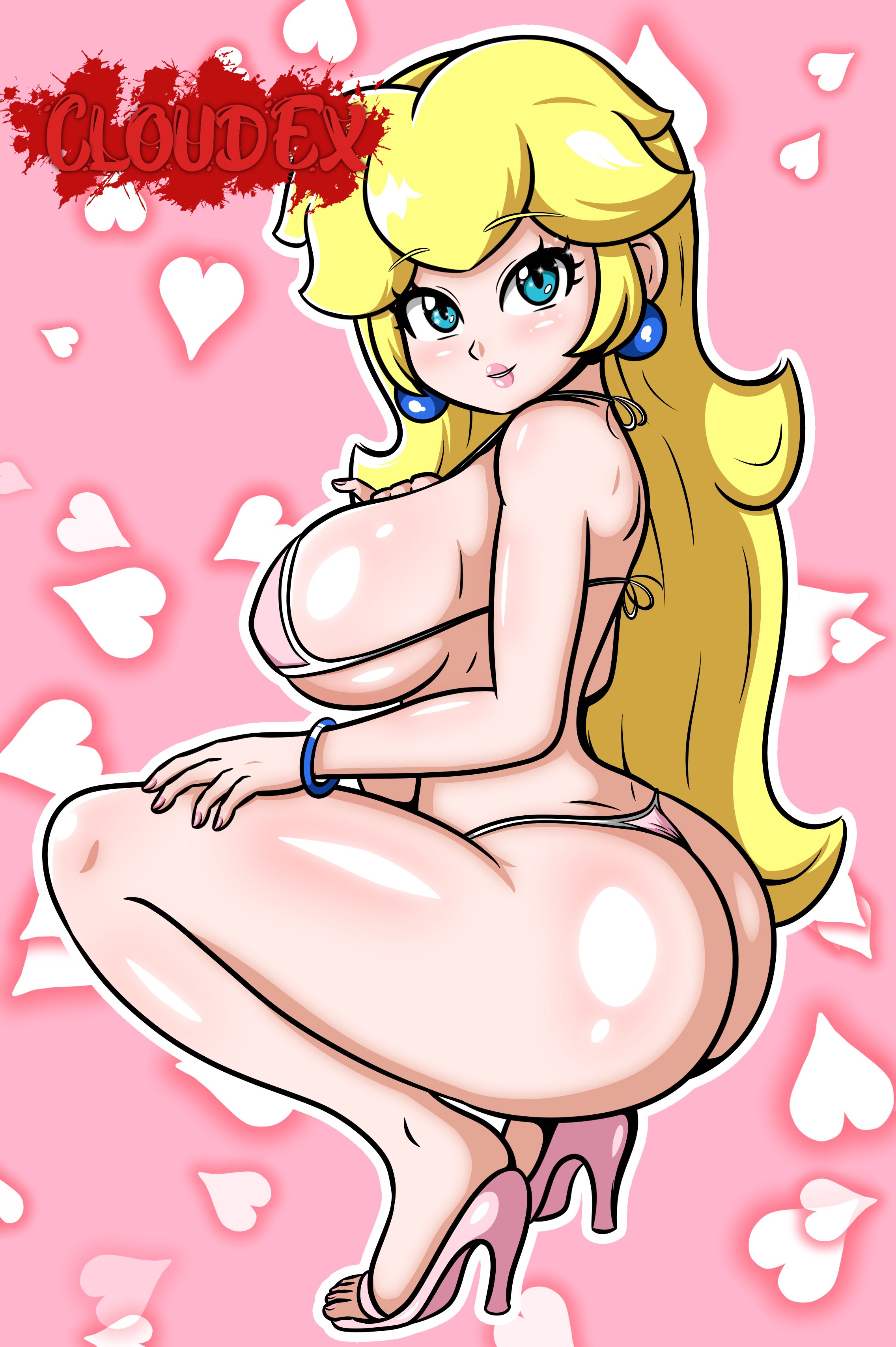 1girls, ass, big ass, big breasts, bikini, blonde hair, blue eyes, breasts, cloudex, female, female only, heart, high heels, huge ass, light skin, light-skinned female, long hair, looking at viewer, mario (series), nintendo, pink background, pink bikini, princess peach, sideboob, simple background, solo female, squatting, swimsuit