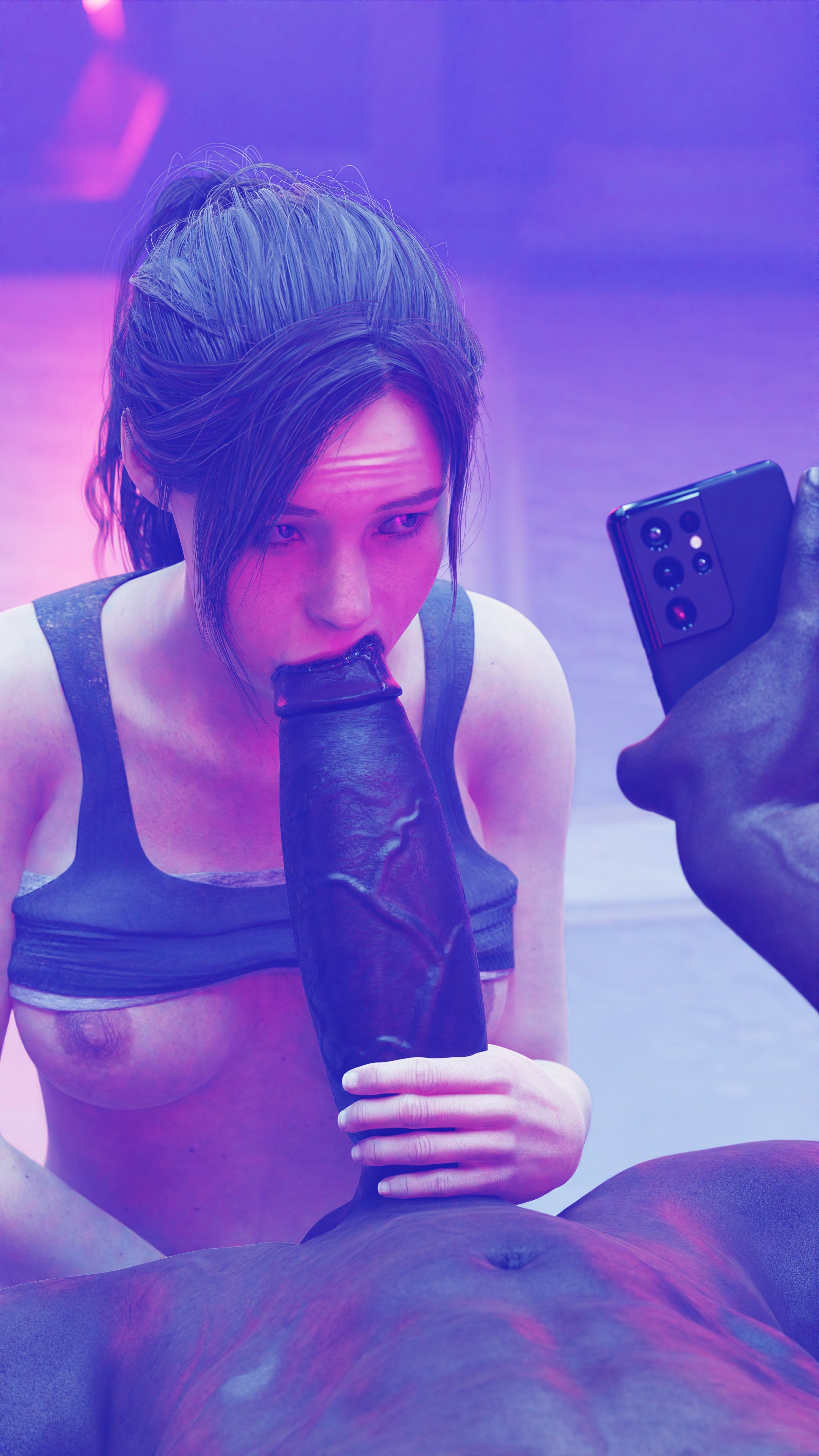1boy, 1girls, 3d, 3d (artwork), beddetective, big penis, blowjob, breasts, breasts out, capcom, claire redfield, claire redfield (jordan mcewen), dark skin, dark-skinned male, fellatio, female, filming, half dressed, interracial, looking at phone, male, male/female, oral, penis, petite, phone, ponytail, pov, resident evil, resident evil 2, resident evil 2 remake