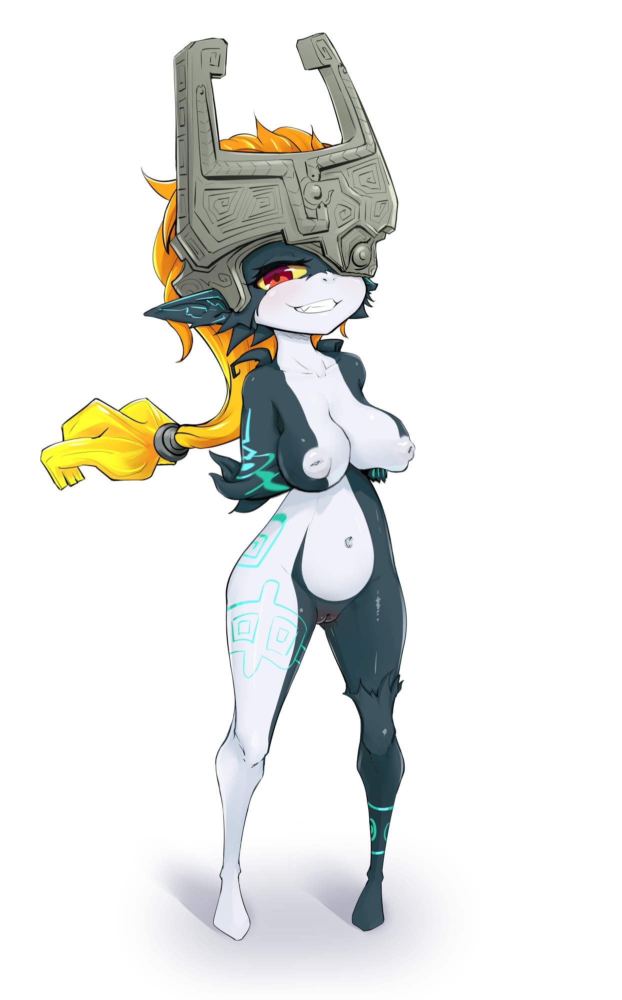 1girls, belly, big breasts, breasts, female, female focus, female only, helmet, holding breast, imp, imp midna, lisden, looking at viewer, looking to the side, midna, nintendo, nipple bulge, one eye covered, orange hair, pussy, red eyes, smaller female, smile, solo, the legend of zelda, twilight princess, two-tone body, wide hips, wide thighs, yellow sclera