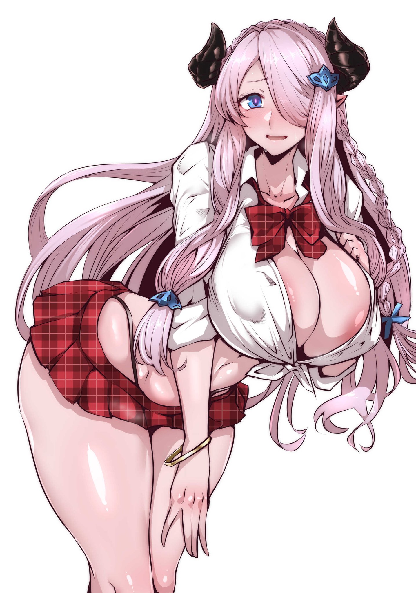 1girls, areola slip, bent over, big breasts, blue eyes, blush, blushing at viewer, bracelet, braided hair, breasts, cleavage, female, gggg, granblue fantasy, hair ornament, hair tie, horns, large areolae, large breasts, narmaya (granblue fantasy), nipple slip, plaid bow, plaid skirt, purple hair, school uniform, schoolgirl, short skirt, skirt, solo, standing, thick thighs, tied shirt, unbuttoned shirt, white background