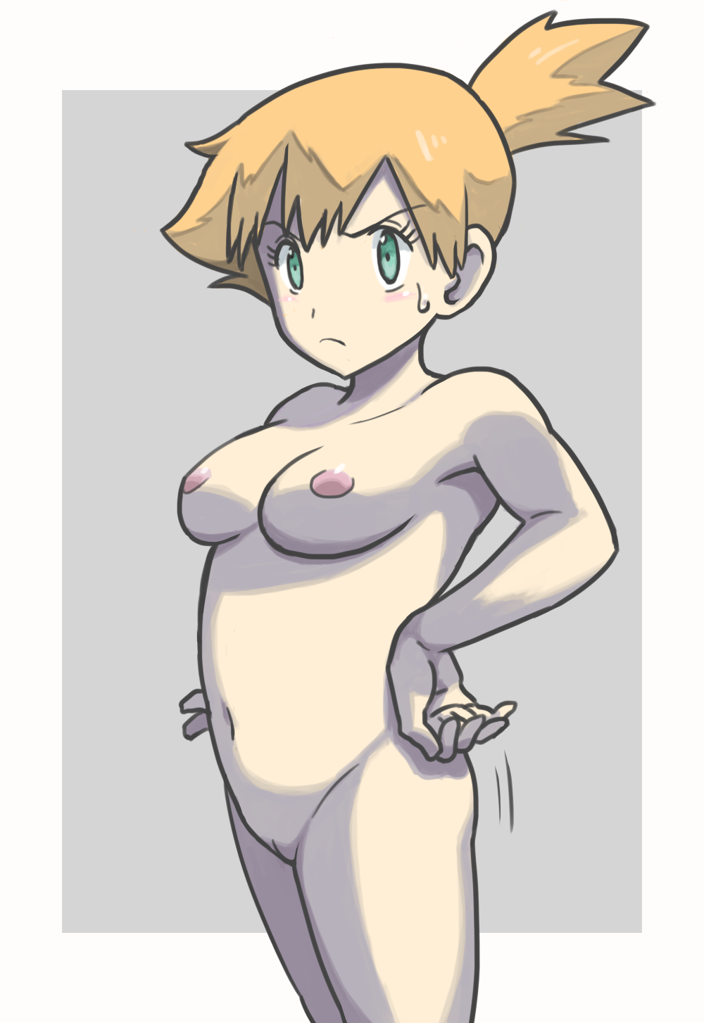 bule chest eyelashes female frown green_eyes hand_on_hip kasumi_(pokemon) kasumi_(pokemon) large_breasts looking_at_viewer orange_hair pokemon pokemon_rgby shaved_pussy side_ponytail solo standing sweat