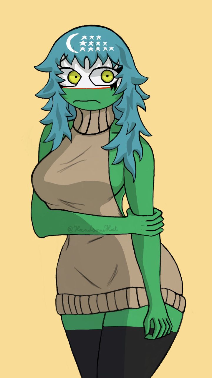 blue_hair breasts countryhumans countryhumans_girl female green_skin handsome_hat high_tights long_hair nervous red_skin shy sweater uzbekistan uzbekistan_(countryhumans) white_skin yellow_eyes