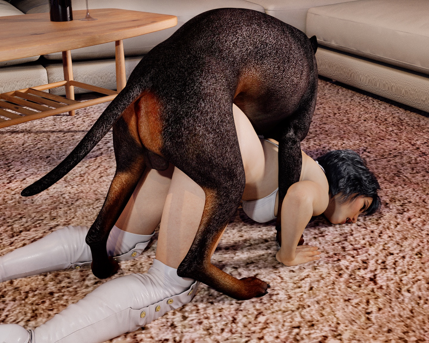 1animal, 1girls, 3d, ambiguous penetration, black hair, boots, bra, canine, doggy style, domestic dog, face down ass up, female, feral, feral on female, indoors, medium hair, on floor, project beast, sex, zoophilia