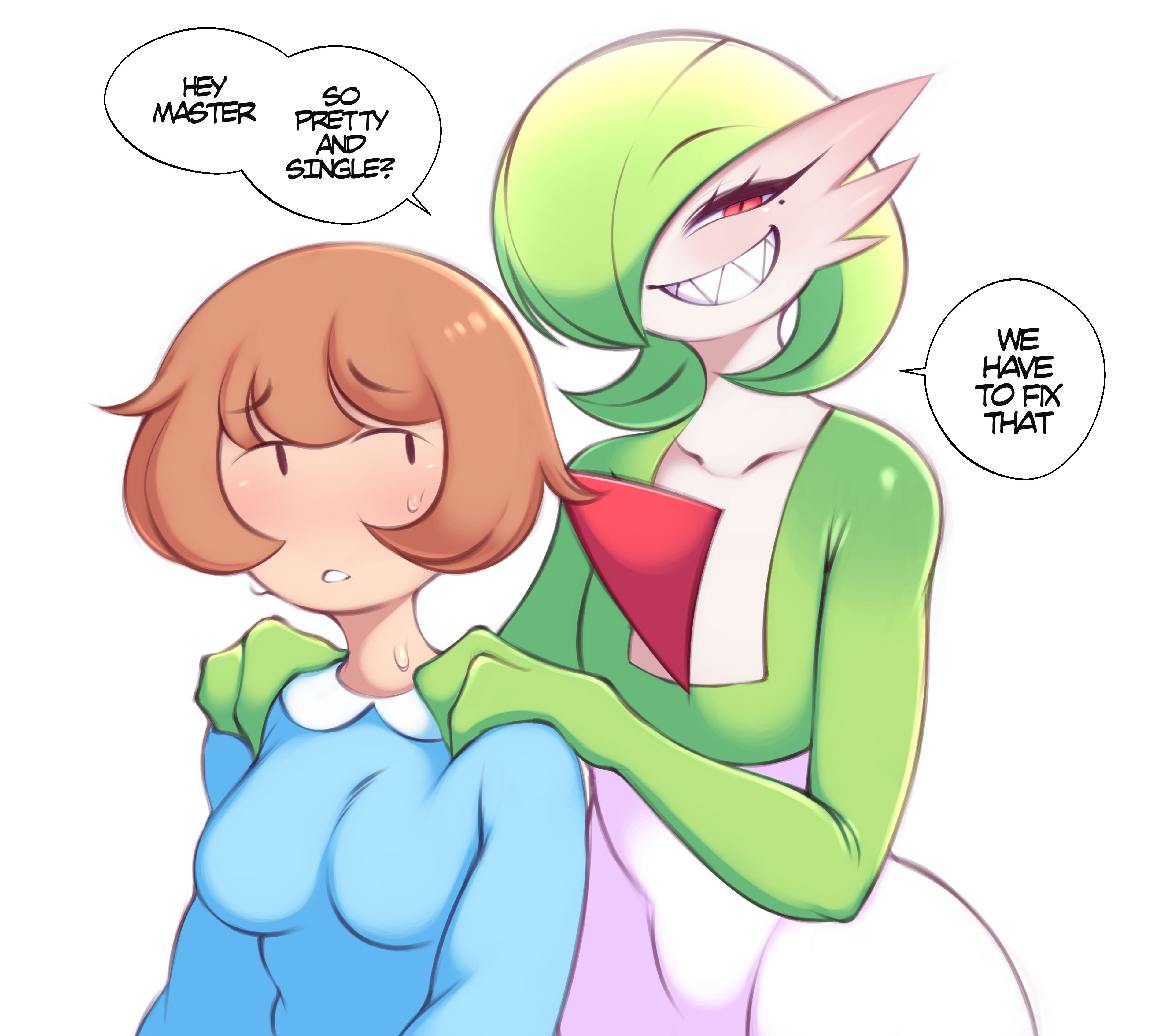 1boy, 1girls, anxious, brown hair, dialogue, english text, female, femboy, femboy on female, funny, gardevoir, green hair, hi res, human, human on male, humanoid, humor, imminent sex, male, male gardevoir, mammal, nintendo, pokemon, pokemon (species), primate, saltyxodium, short hair, sweatdrop, sweating, white body