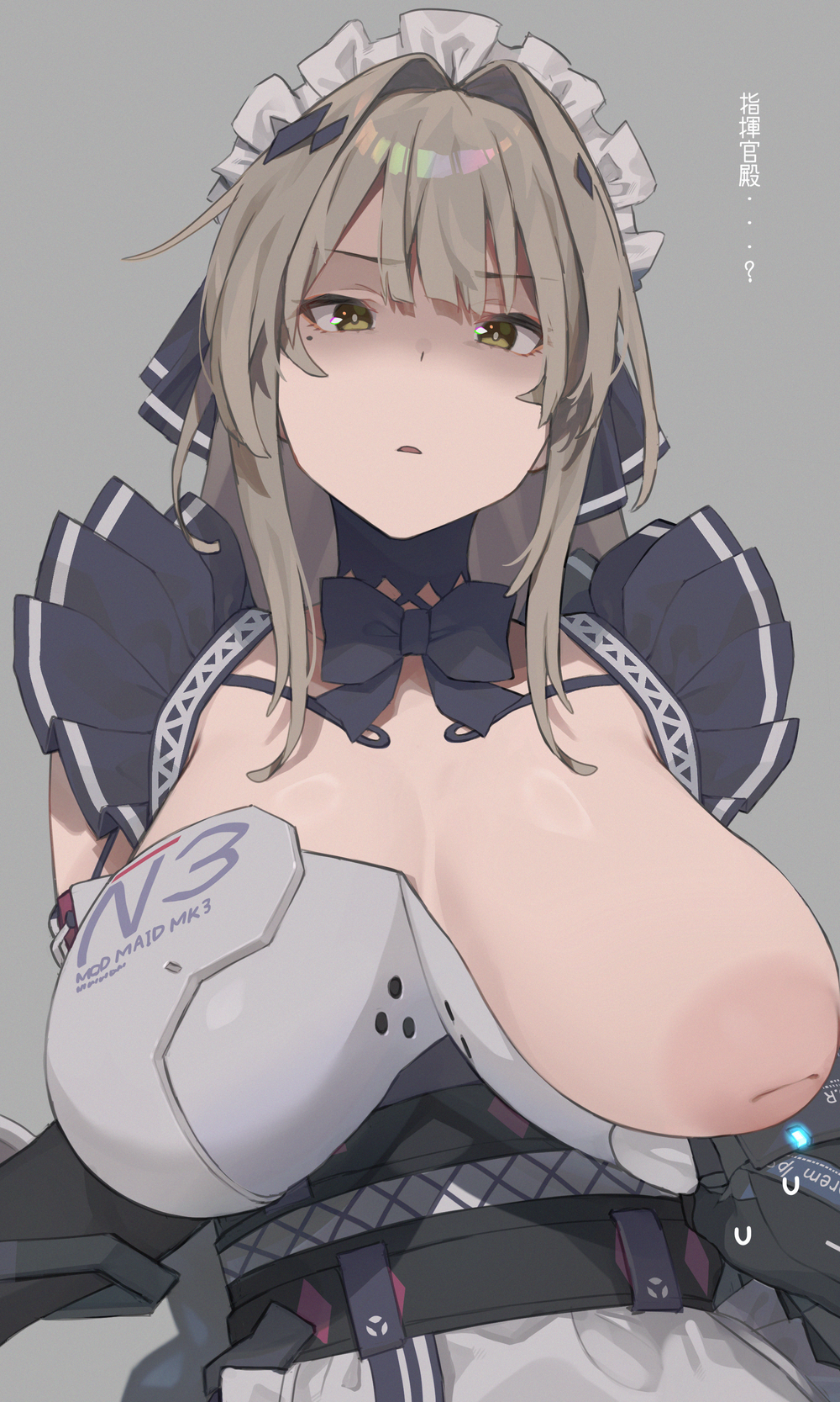 1girls angry bianca_(punishing:_gray_raven) blonde_hair breasts_out clothed collagen female huge_breasts inverted_nipples long_hair maid_uniform mole_under_eye punishing:_gray_raven robot_girl shirt_pull yellow_eyes