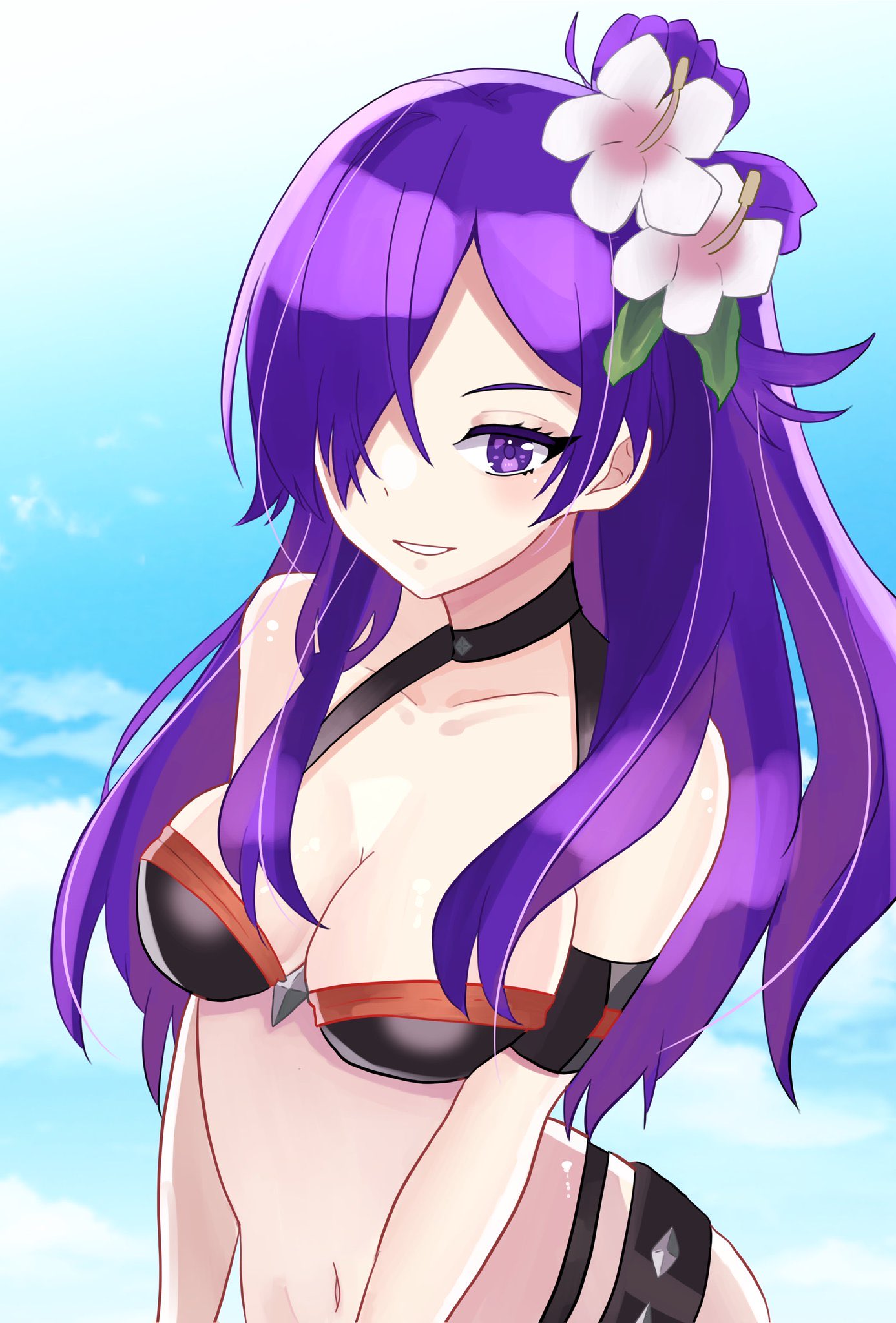 1girls alternate_costume bikini breasts cleavage female female_only fire_emblem fire_emblem:_three_houses fire_emblem_heroes fire_emblem_warriors:_three_hopes flower_in_hair hair_over_one_eye looking_at_viewer medium_breasts n_54 nintendo official_alternate_costume purple_eyes purple_hair shez_(female)_(fire_emblem) shez_(female)_(summer)_(fire_emblem) shez_(fire_emblem) solo swimsuit