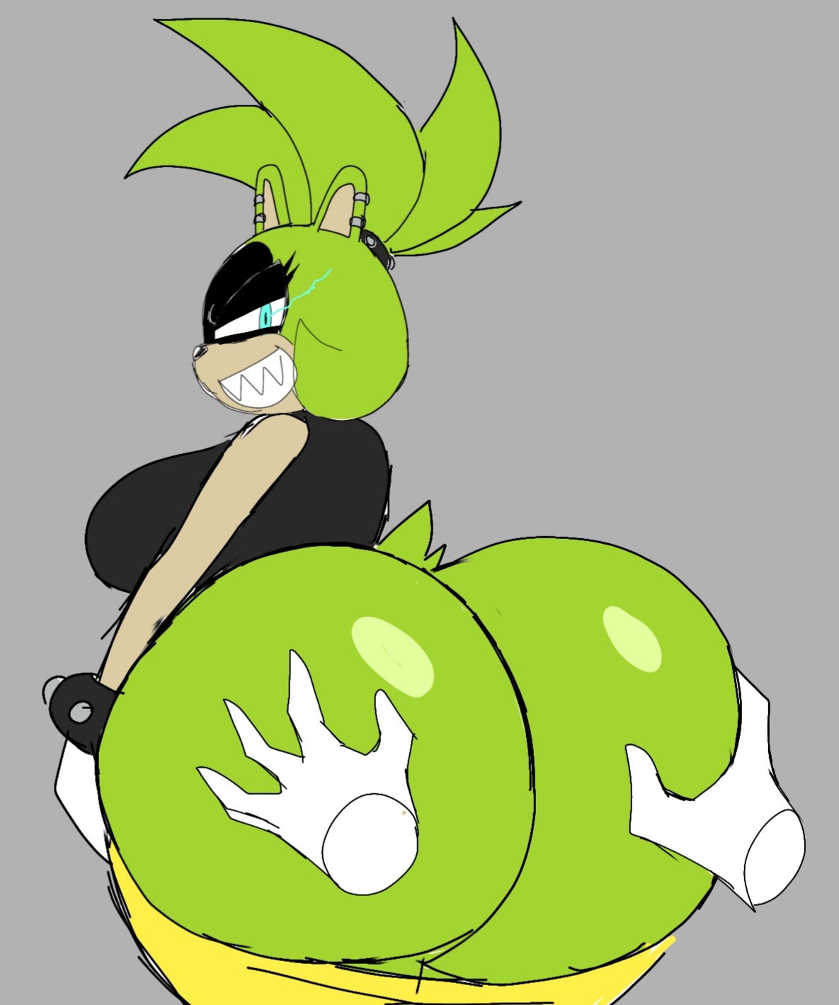 1girls, 2024, anthro, ass, ass bigger than head, ass focus, ass grab, backboob, big breasts, breasts, casual, casual nudity, clothed, disembodied hands, female, female only, fur, furry, grabbing ass, green fur, groping ass, hands on ass, huge ass, idw publishing, looking back, mobian (species), momiji (artist), no bra, no underwear, pants down, see-through, sega, sharp teeth, smile, smiling, sonic (series), sonic the hedgehog (comics), sonic the hedgehog (idw), sonic the hedgehog (series), surge the tenrec, teasing