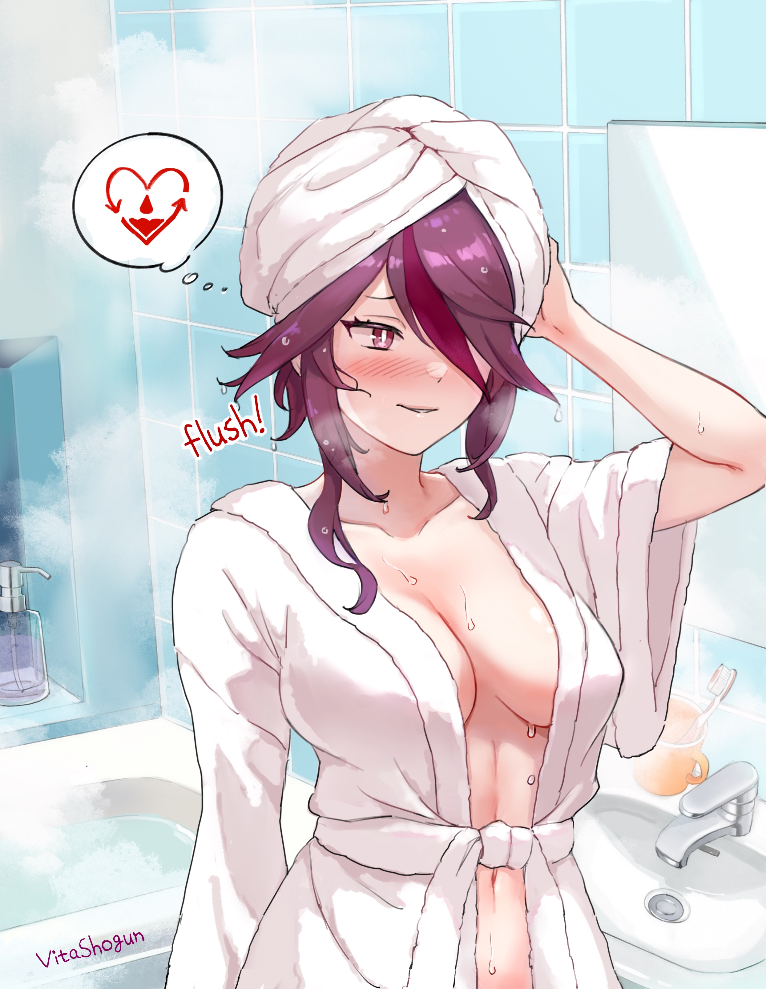 1girls, absurdres, after bathing, artist name, bathrobe, bathroom, bathtub, blush, breasts, collarbone, cup, english text, female, genshin impact, hair over one eye, heart, hi res, indoors, large breasts, mirror, multicolored hair, navel, purple eyes, purple hair, red hair, rosaria (genshin impact), short hair, sidelocks, sink, smile, solo, solo female, spoken heart, steam, streaked hair, thought bubble, tile wall, tiles, toothbrush, towel, towel on head, upper body, vitashogun, water, watermark, wet