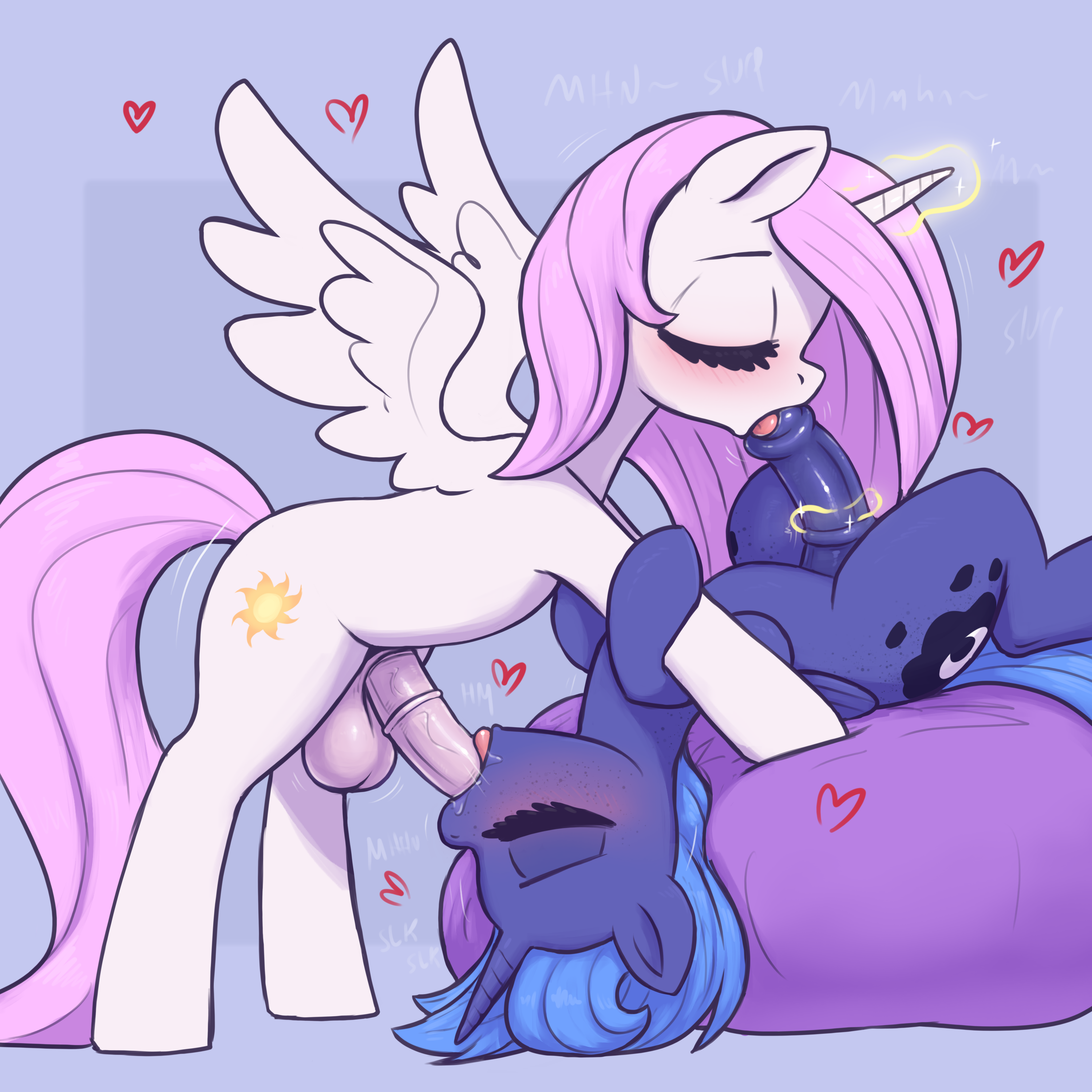 absurd res, alicorn, animal genitalia, animal penis, balls, blue body, blue hair, blush, closed eyes, duo, equid, equine, equine genitalia, equine penis, eyelashes, feathered wings, feathers, fellatio, feral, friendship is magic, ftg crossgender, fti crossgender, genitals, gynomorph, gynomorph penetrated, gynomorph penetrating, gynomorph/gynomorph, hair, hasbro, heart symbol, hi res, horn, incest, intersex, intersex penetrated, intersex penetrating, intersex/intersex, magicjob, mammal, my little pony, mythological creature, mythological equine, mythology, oral, penetration, penile, penis, pink hair, princess celestia (mlp), princess luna (mlp), quadruped, rule 63, sex, sibling (lore), side view, sister (lore), sisters (lore), t72b, tail, thick thighs, tongue, tongue out, white body, wings, yaoi