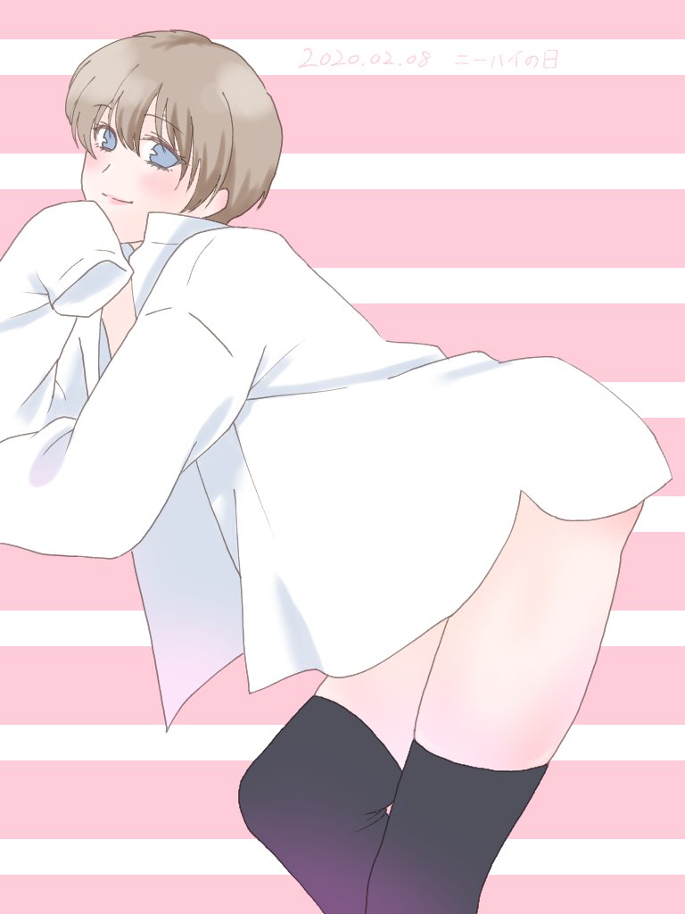 2020 androgynous black_legwear black_thighhighs blue_eyes blush brown_hair dress_shirt femboy gintama light_brown_hair looking_at_viewer male male_only okita_sougo oversized_shirt pale-skinned_male pale_skin sleeves_past_wrists smile solo thighhighs tsuki_gntm2 twink white_shirt zettai_ryouiki