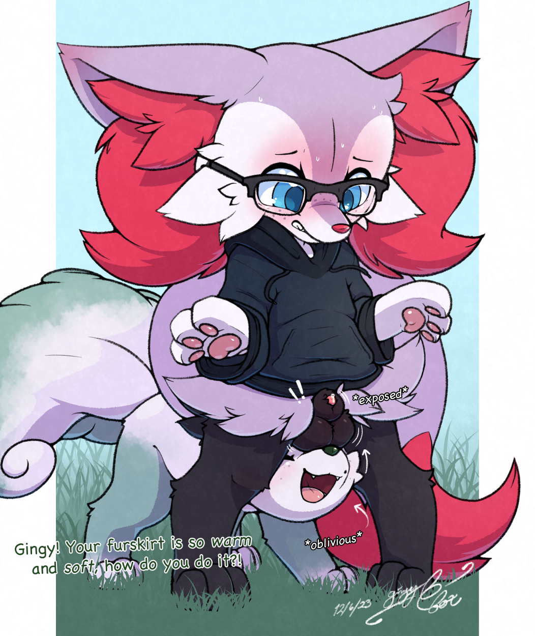 alolan_form alolan_vulpix animal_genitalia anthro anthro_on_feral balls biped black_body black_fur blue_eyes bodily_fluids bottomless bottomless_male braixen clothed clothing digitigrade embarrassed eyewear female feral freckles fur generation_6_pokemon genital_fluids genitals gingy_(gingy_k_fox) gingy_k_fox glasses hi_res hoodie juniper_(coffeefly) male male/female male_on_feral meme nintendo oblivious penis penis_tip pokemon pokemon_(species) precum purple_body purple_fur quadruped red_body red_fur regional_form_(pokemon) sheath shiny_pokemon these_aren't_my_glasses topwear vulpix white_body white_fur