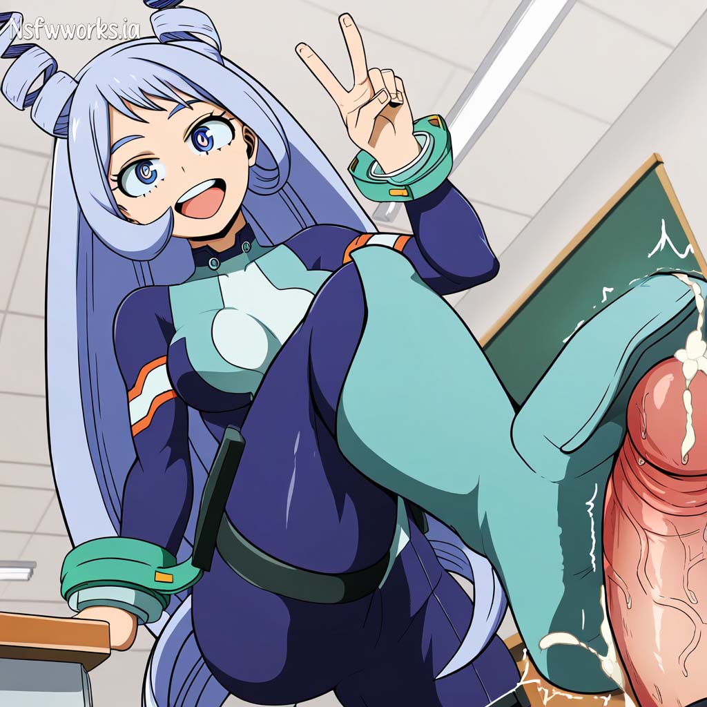 1boy, 1girls, ai generated, blue, blue eyes, boku no hero academia, cum, dick, ejaculation, female, foot fetish, footjob, male, my hero academia, nejire hado, nsfwworks.ia, penis, room, school, socks, trample